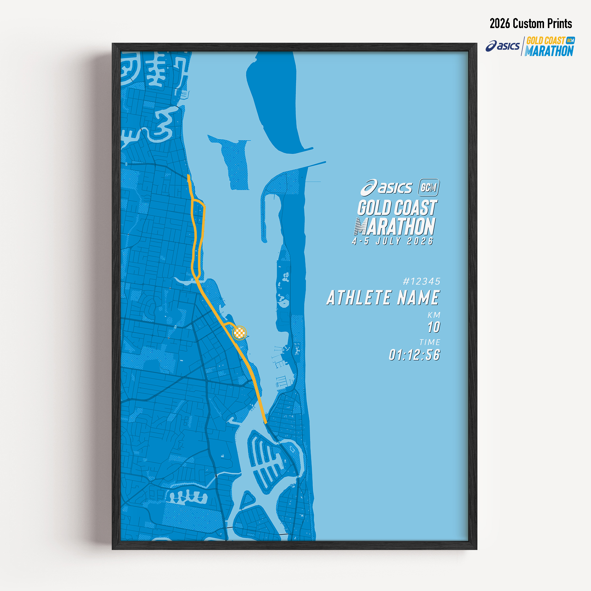 Framed Gold Coast Marathon 10km 2026 personalised artwork displayed on a wall as home decor.