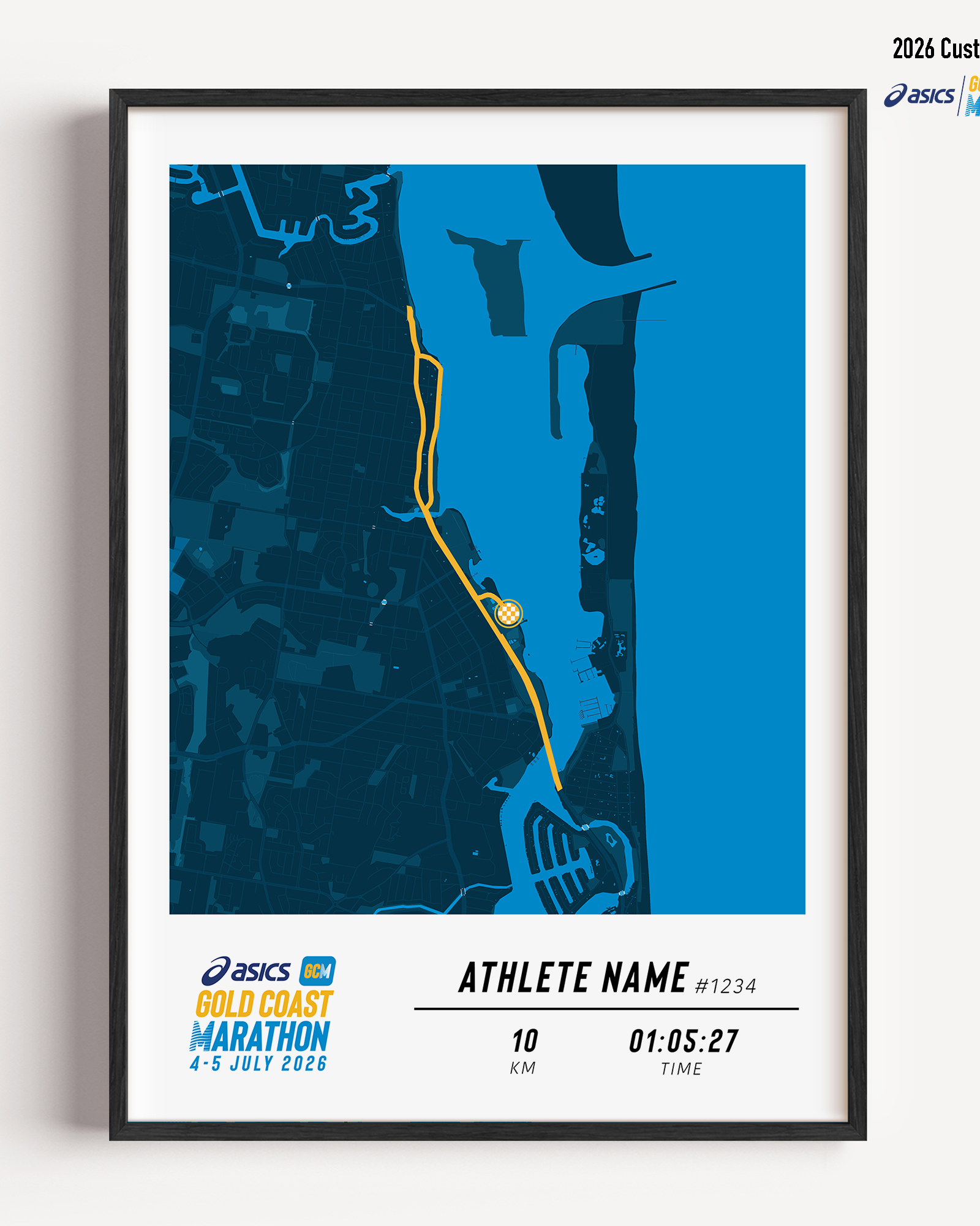 Framed Gold Coast Marathon 10km 2026 personalised artwork displayed on a wall as home decor.