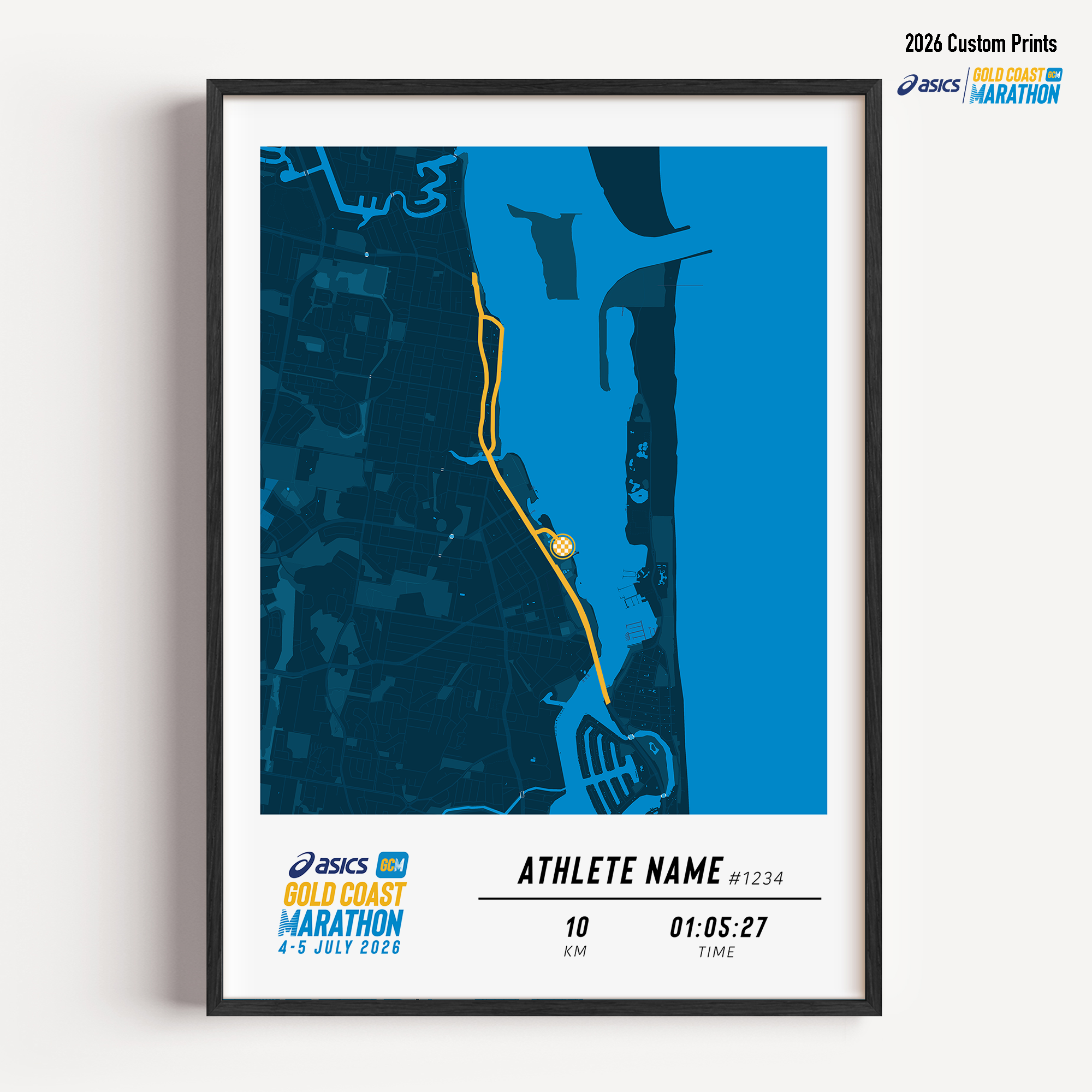 Framed Gold Coast Marathon 10km 2026 personalised artwork displayed on a wall as home decor.