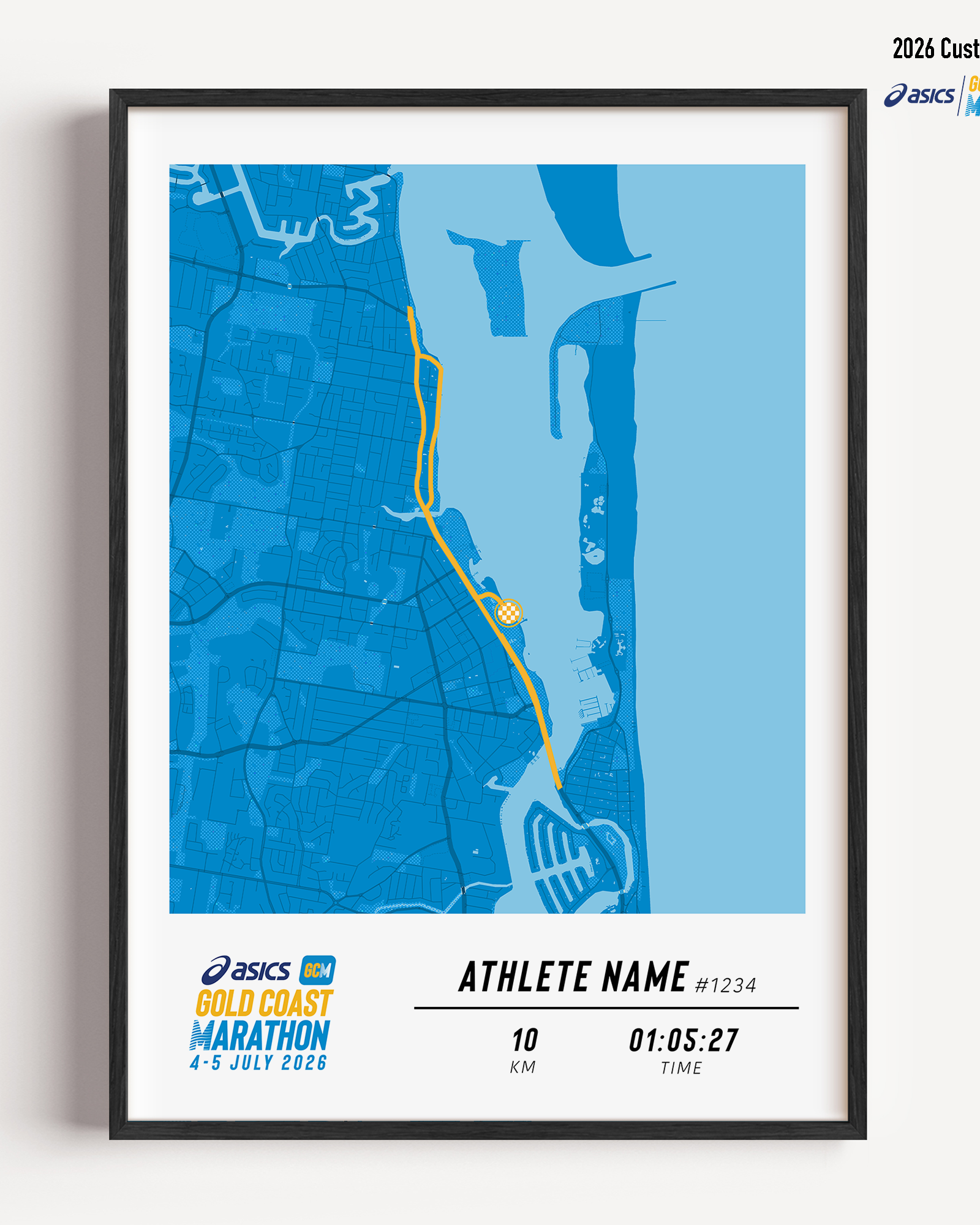 Framed Gold Coast Marathon 10km 2026 personalised artwork displayed on a wall as home decor.