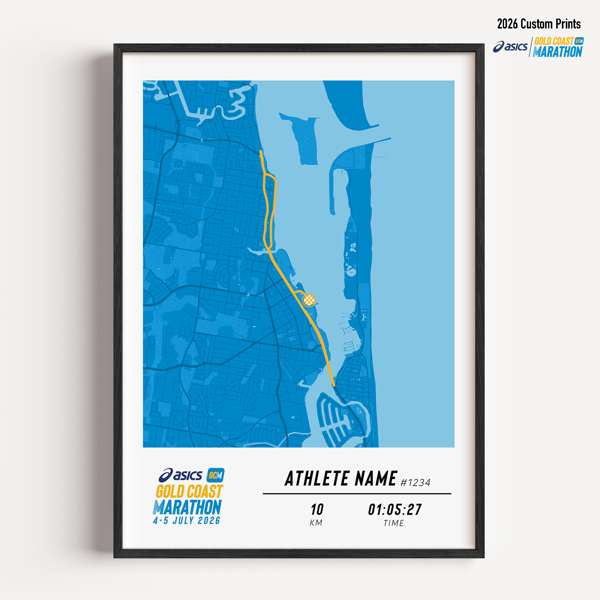 Framed Gold Coast Marathon 10km 2026 personalised artwork displayed on a wall as home decor.
