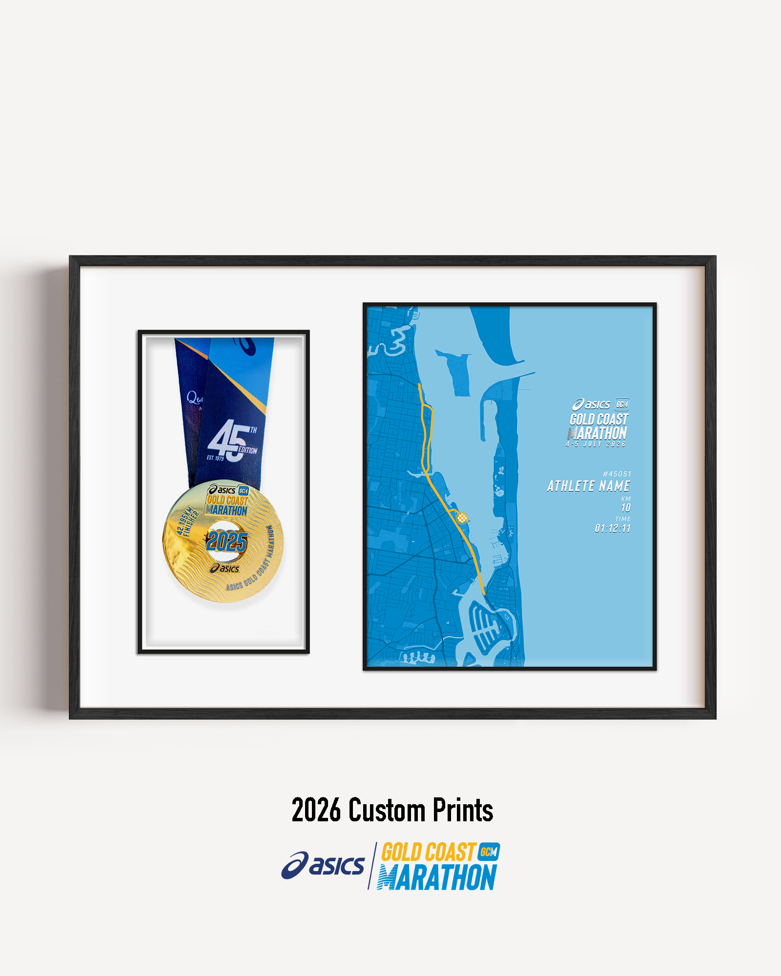 ASICS Gold Coast Marathon Medal Display Frame showing a custom 10km course print with the official course map and personalised details, presented beside a mounted finisher medal in a premium black frame.