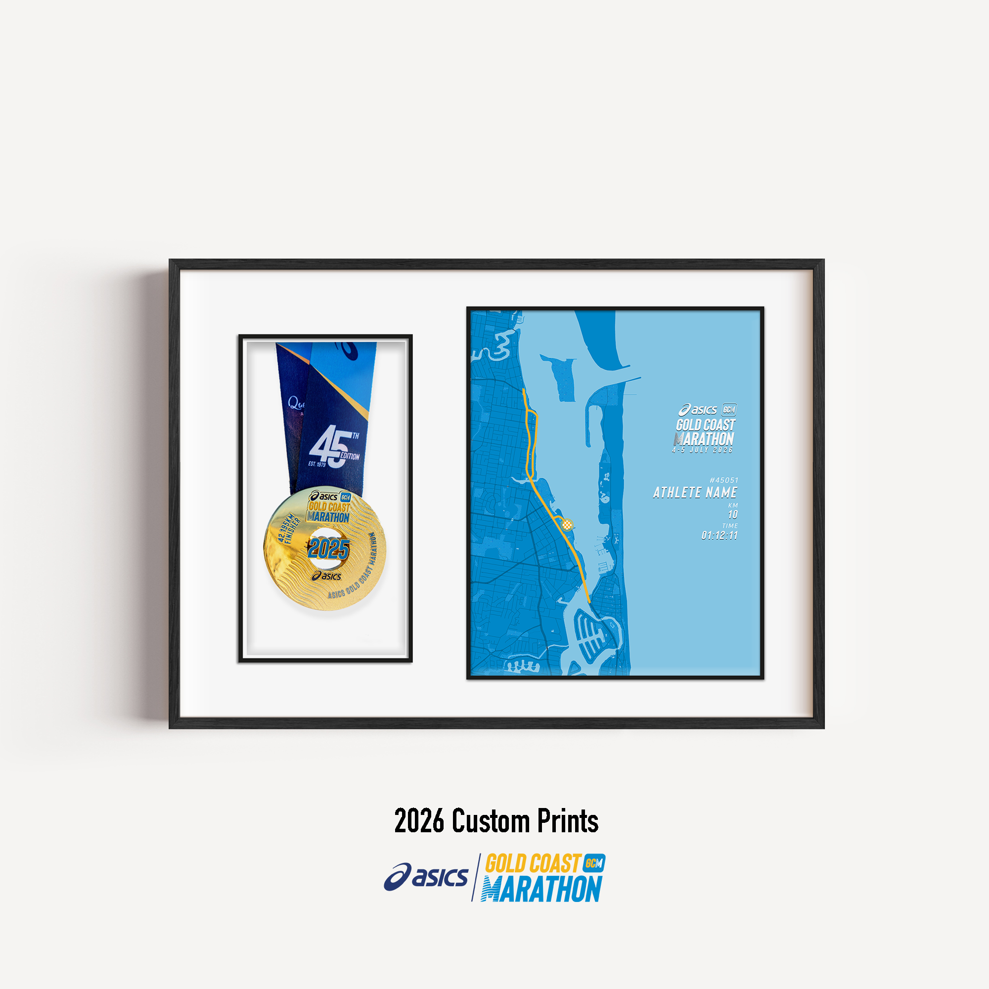 ASICS Gold Coast Marathon Medal Display Frame showing a custom 10km course print with the official course map and personalised details, presented beside a mounted finisher medal in a premium black frame.