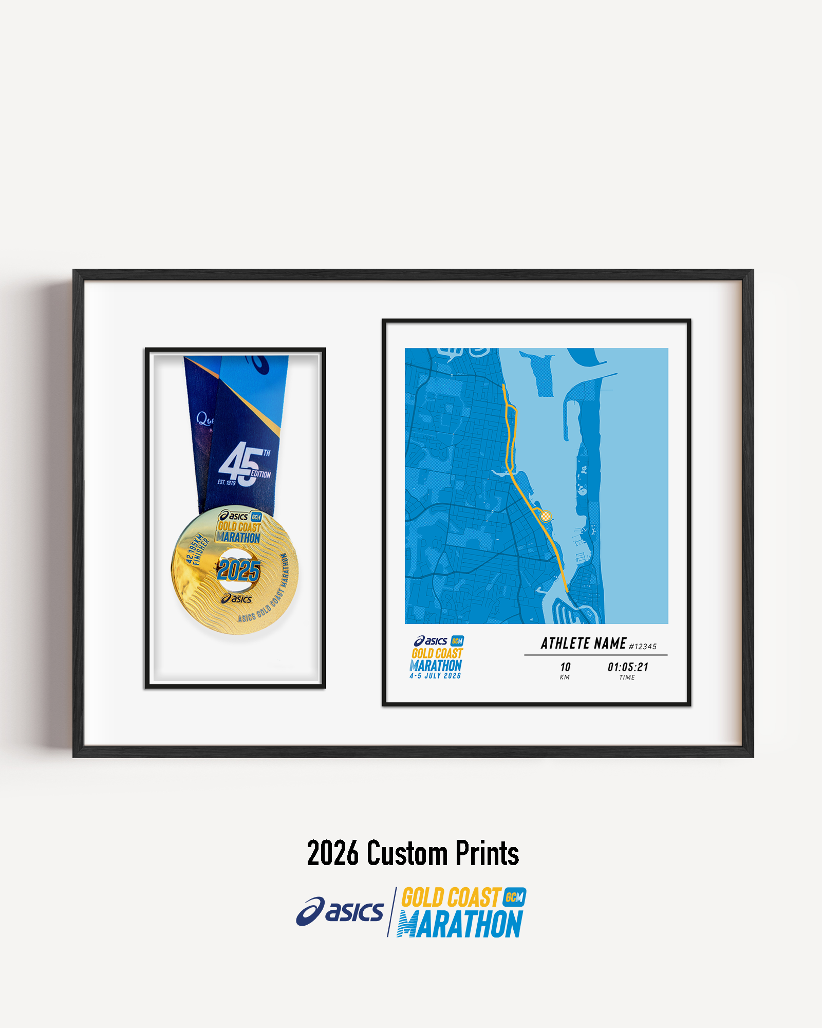 ASICS Gold Coast Marathon Medal Display Frame showing a custom 10km course print with the official course map and personalised details, presented beside a mounted finisher medal in a premium black frame.