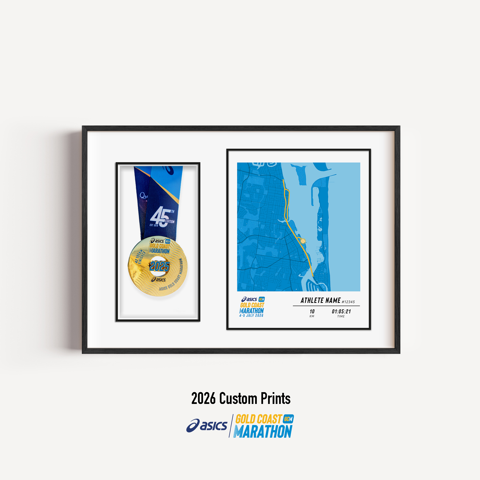 ASICS Gold Coast Marathon Medal Display Frame showing a custom 10km course print with the official course map and personalised details, presented beside a mounted finisher medal in a premium black frame.