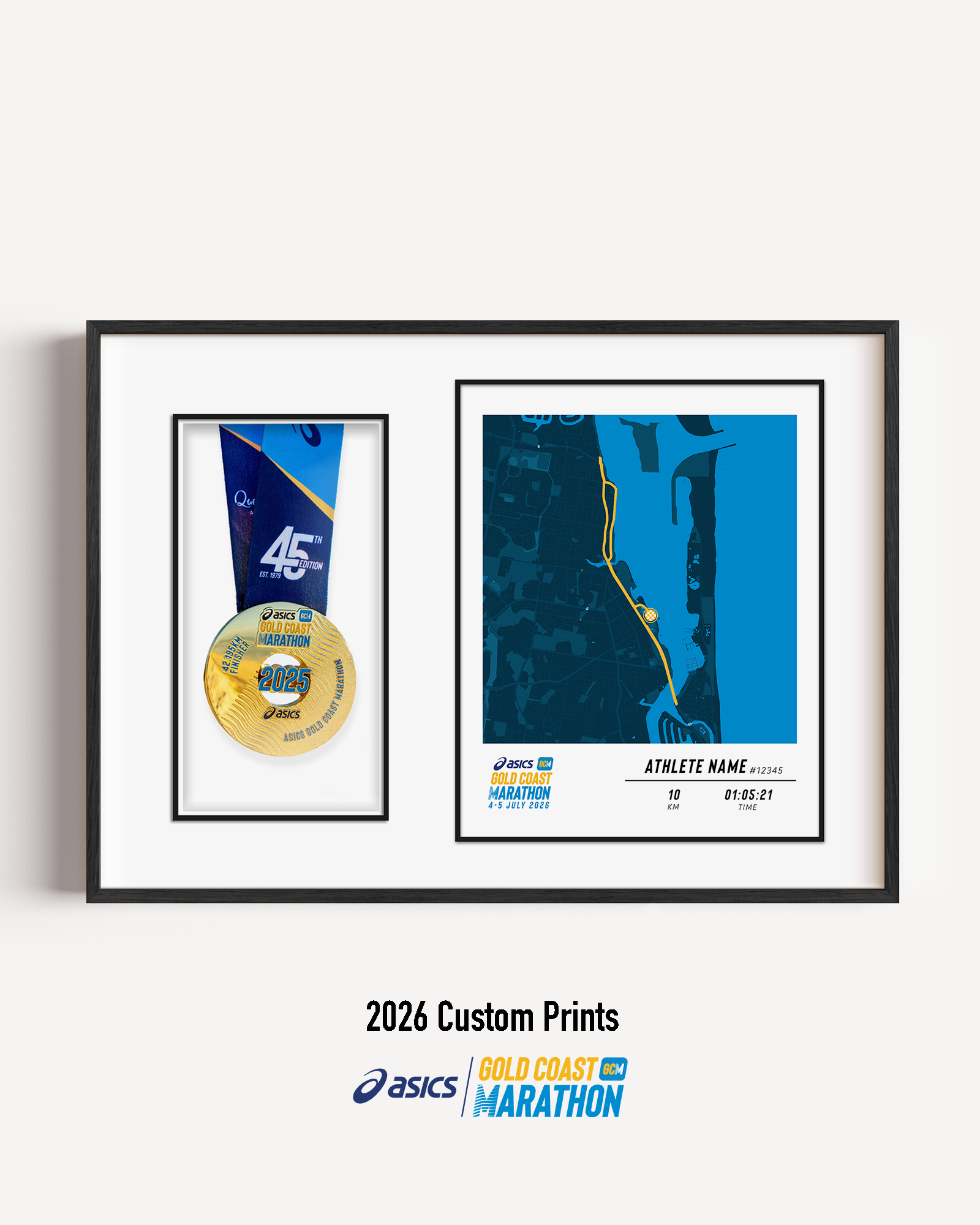 ASICS Gold Coast Marathon Medal Display Frame showing a custom 10km course print with the official course map and personalised details, presented beside a mounted finisher medal in a premium black frame.