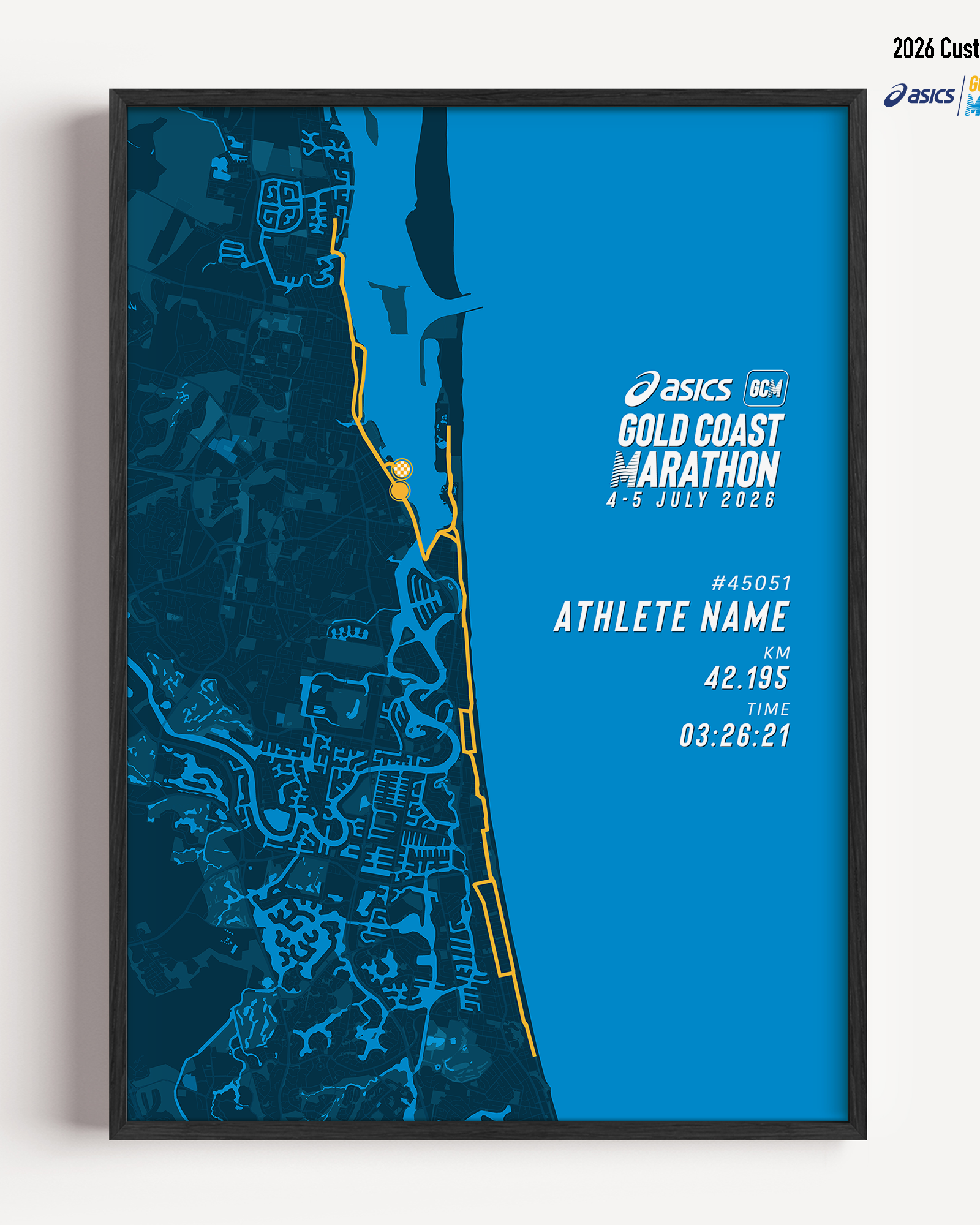 Personalised 2026 Gold Coast Marathon print featuring the official course map with runner name race number and finish time.