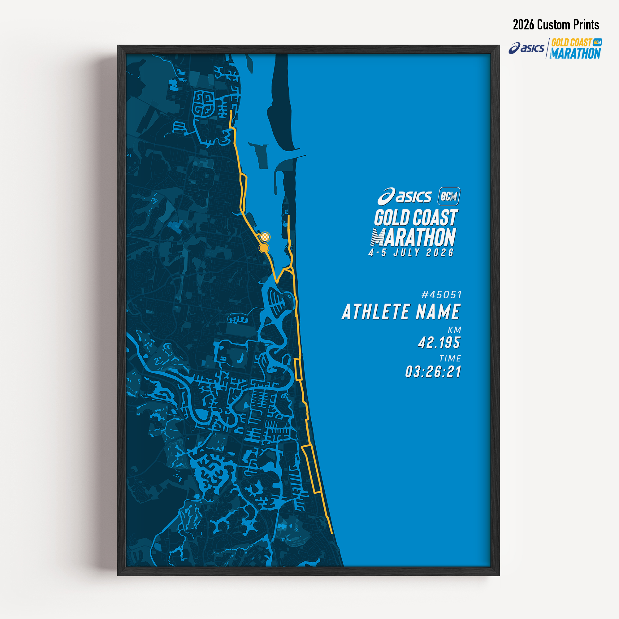 Personalised 2026 Gold Coast Marathon print featuring the official course map with runner name race number and finish time.
