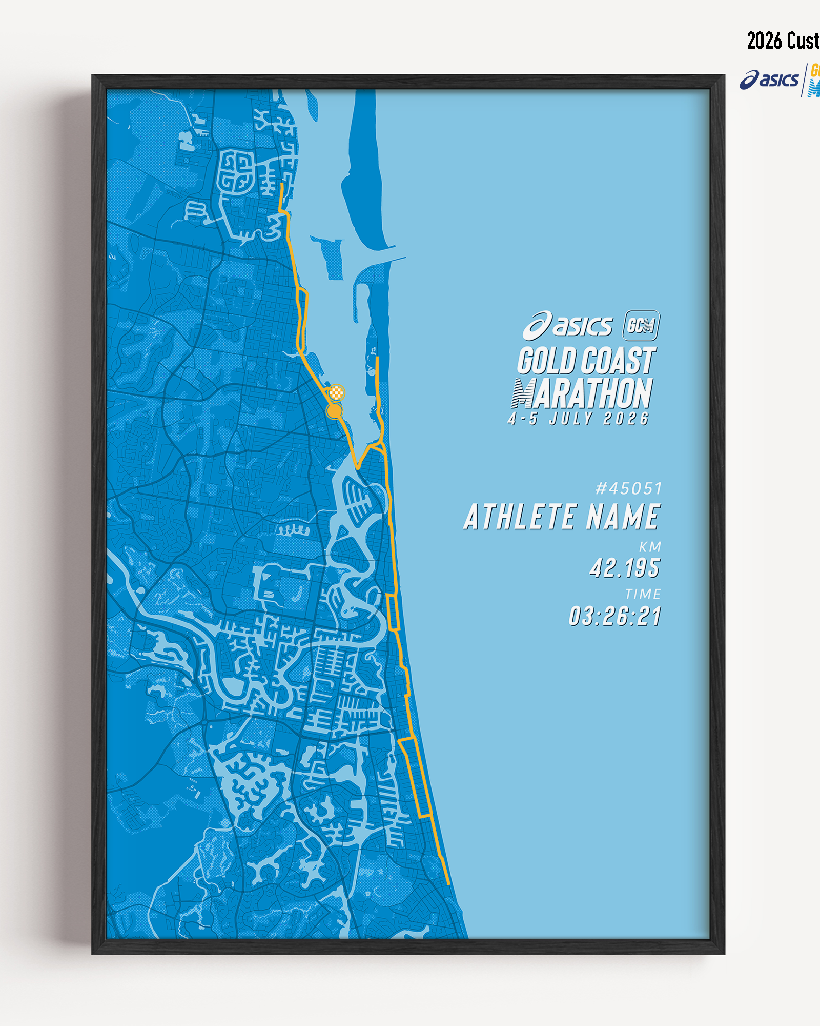 Close up view of the 2026 Gold Coast Marathon course design showing map details and coastal route.