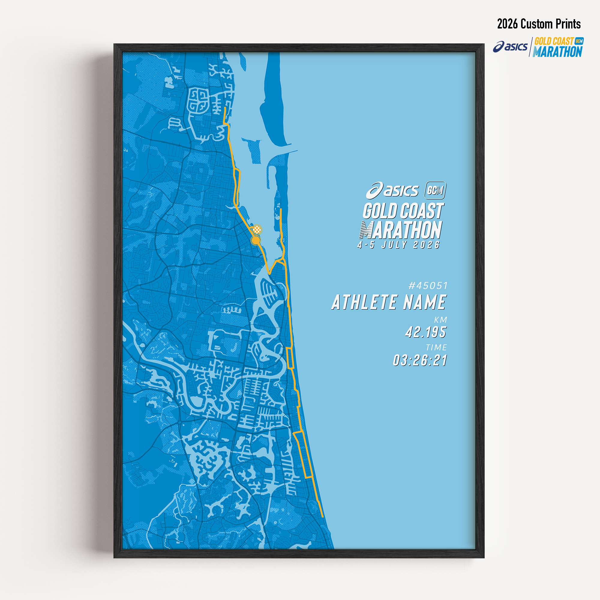 Close up view of the 2026 Gold Coast Marathon course design showing map details and coastal route.