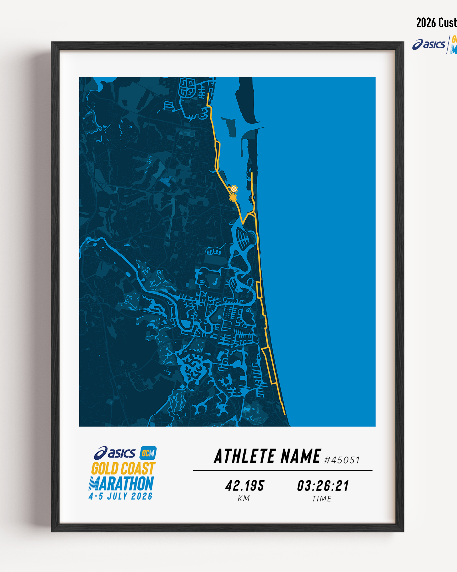 Framed Gold Coast Marathon 2026 personalised artwork displayed on a wall as home decor.