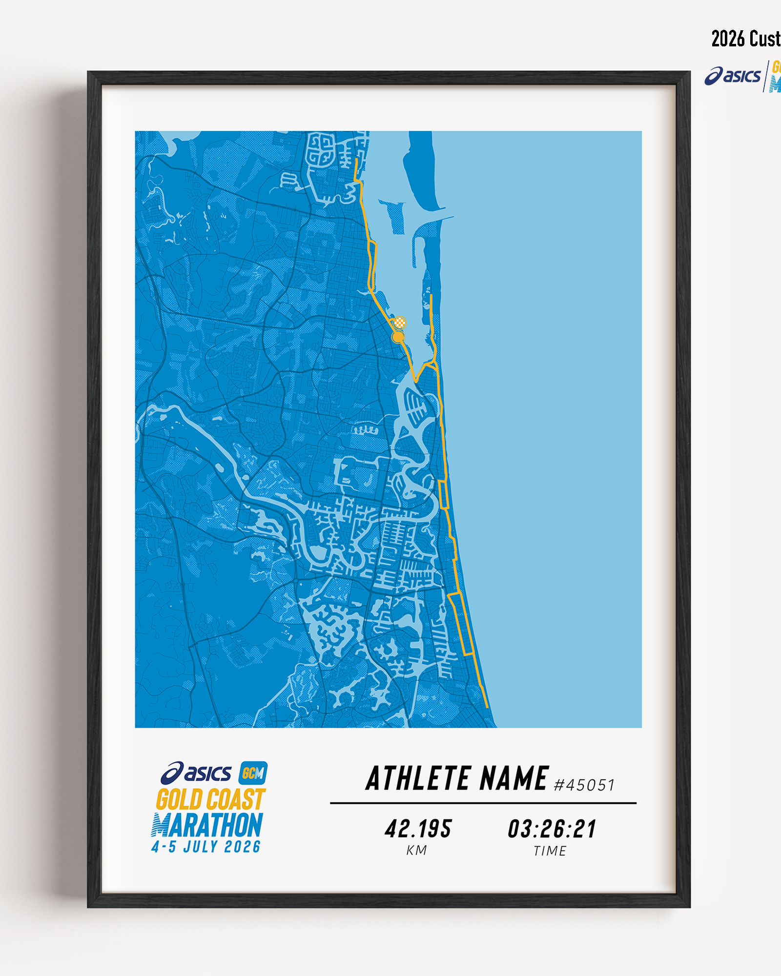 Custom Gold Coast Marathon 2026 print highlighting name race number finish time and course layout.