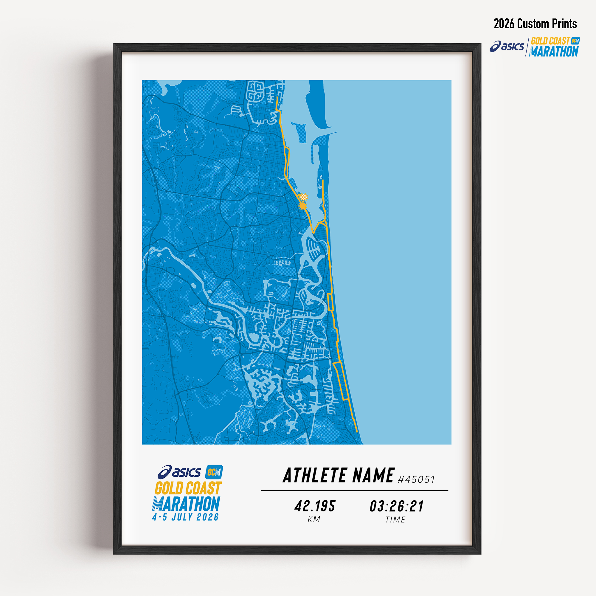 Custom Gold Coast Marathon 2026 print highlighting name race number finish time and course layout.