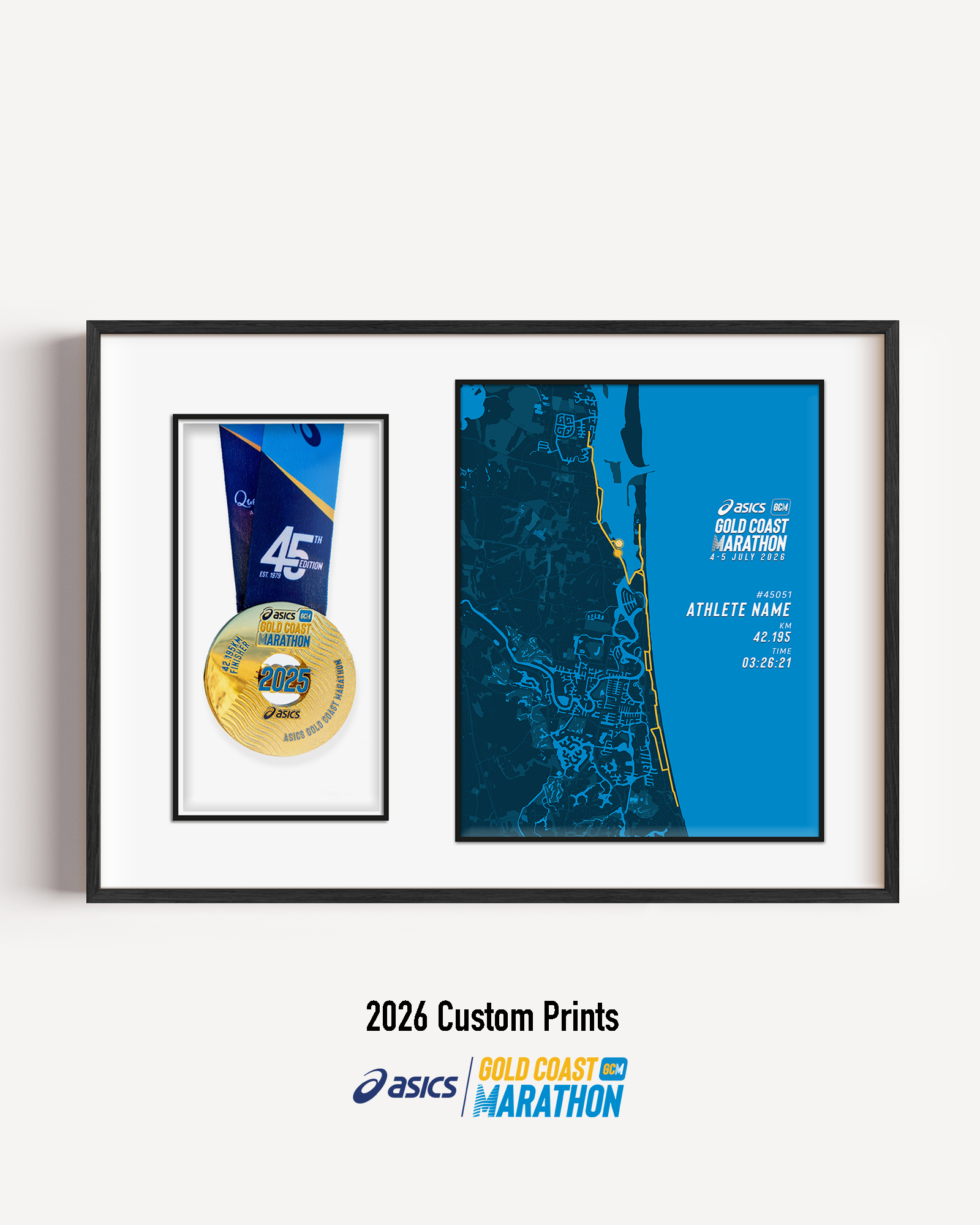ASICS Gold Coast Marathon Medal Display Frame showing a custom marathon print with the official course map and personalised details, presented beside a mounted finisher medal in a premium black frame.
