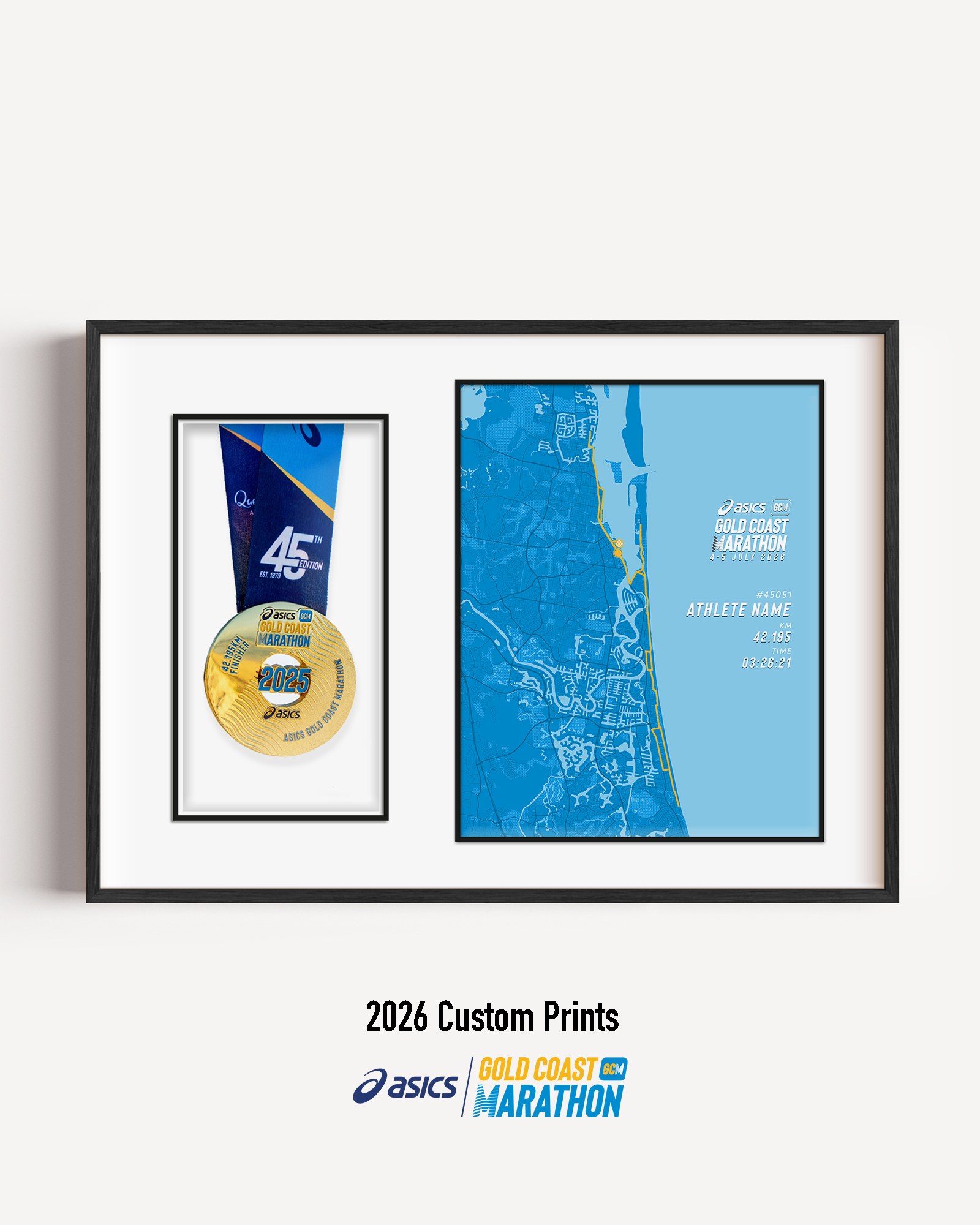 ASICS Gold Coast Marathon Medal Display Frame showing a custom marathon print with the official course map and personalised details, presented beside a mounted finisher medal in a premium black frame.