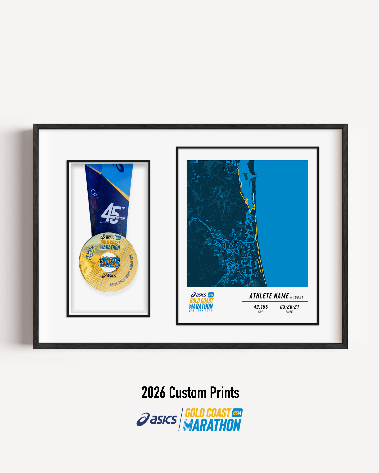 ASICS Gold Coast Marathon Medal Display Frame showing a custom marathon print with the official course map and personalised details, presented beside a mounted finisher medal in a premium black frame.