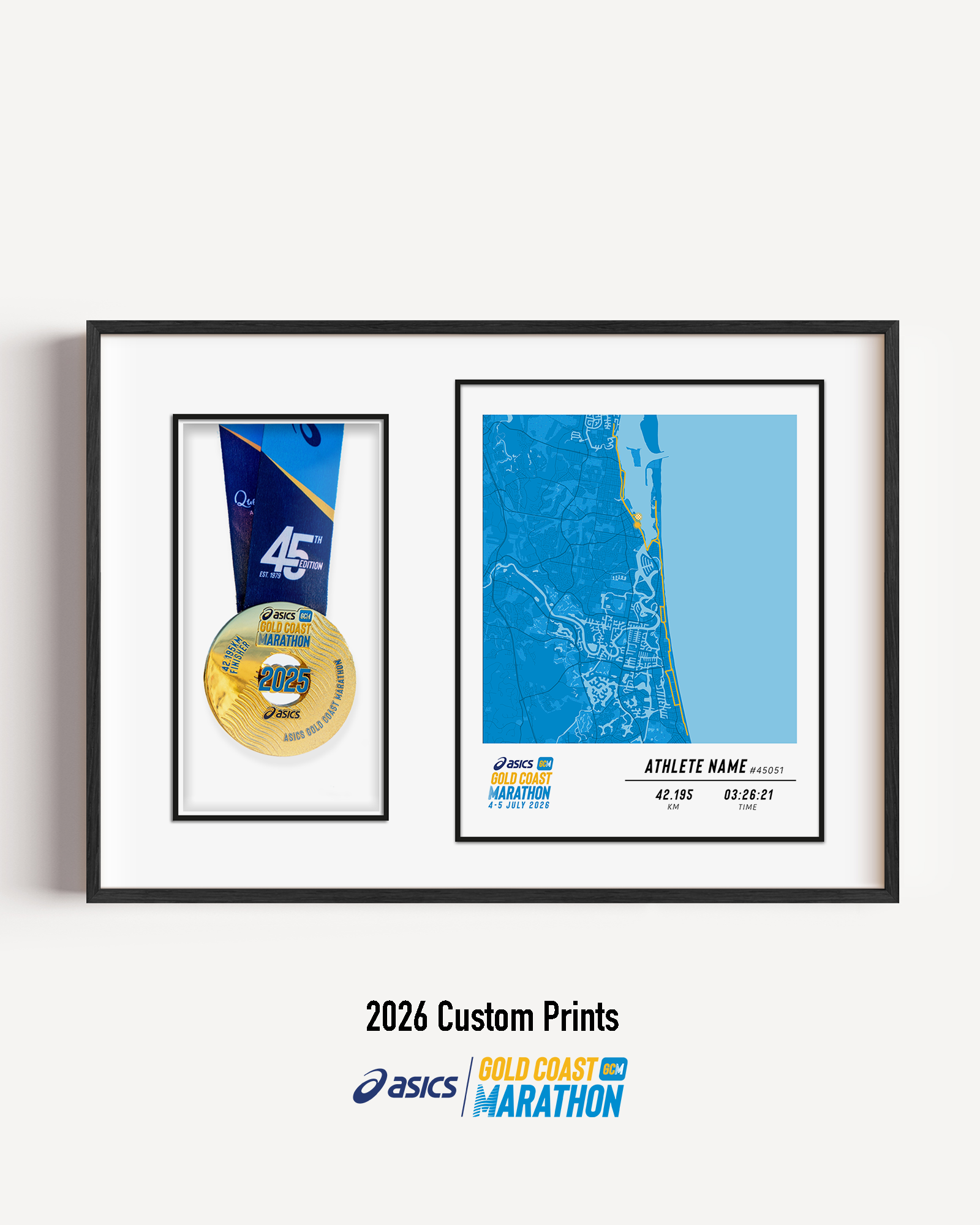 ASICS Gold Coast Marathon Medal Display Frame showing a custom marathon print with the official course map and personalised details, presented beside a mounted finisher medal in a premium black frame.
