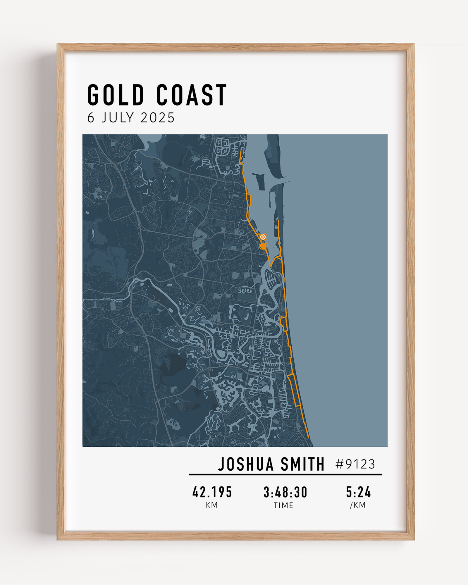 Custom Gold Coast Marathon 2025 print with personalised race route and details — a thoughtful keepsake for any marathon runner.