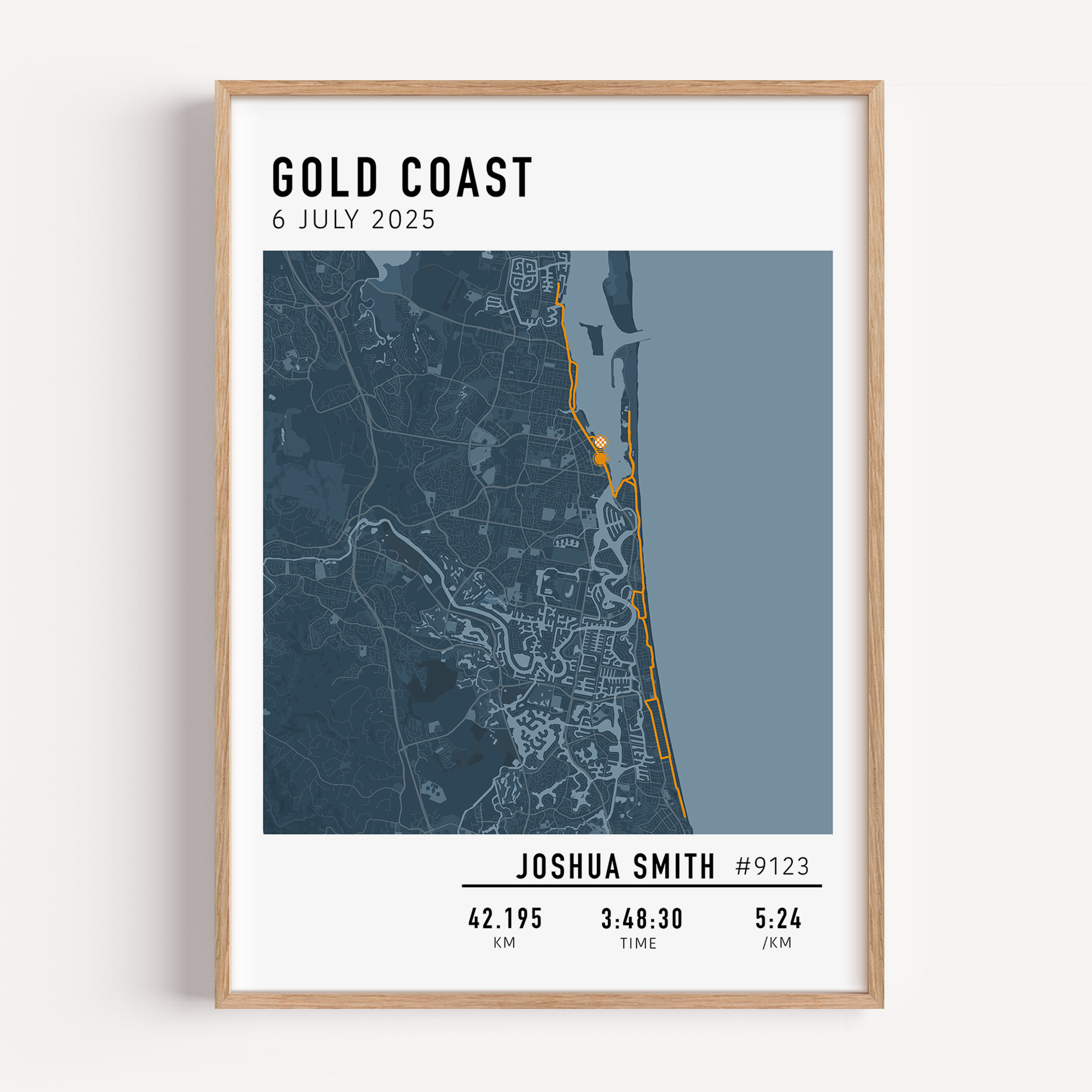 Custom Gold Coast Marathon 2025 print with personalised race route and details — a thoughtful keepsake for any marathon runner.