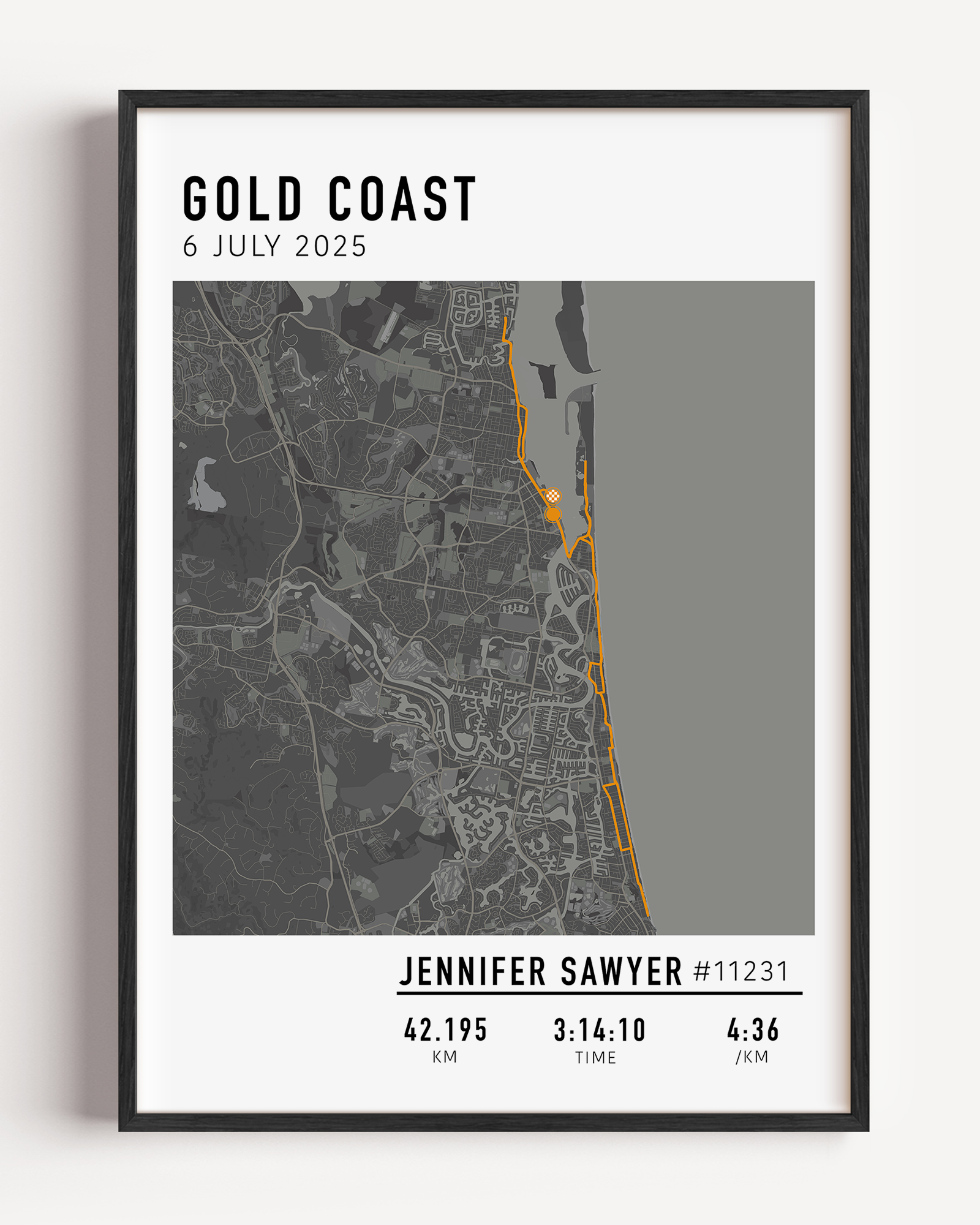 Personalised marathon map print of the Gold Coast 2025 race — ideal gift to celebrate a runner’s achievement and milestone.