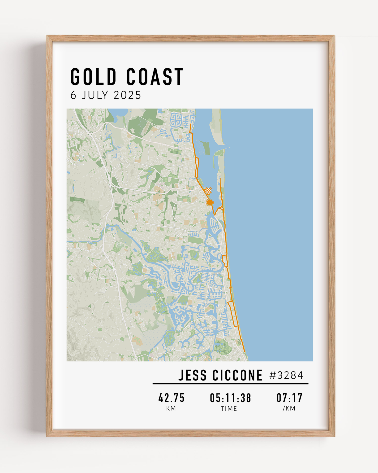Personalised Gold Coast Marathon 2025 map print in minimalist design — a thoughtful gift for marathon runners or finishers.