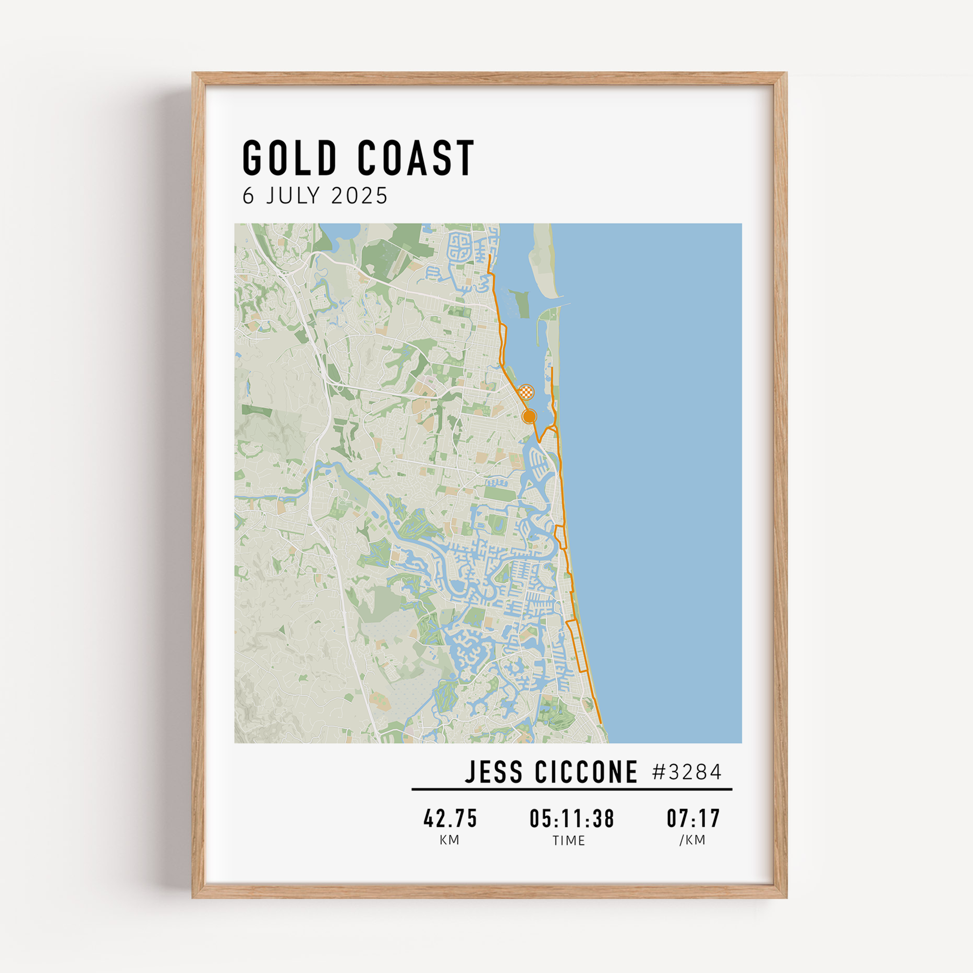 Personalised Gold Coast Marathon 2025 map print in minimalist design — a thoughtful gift for marathon runners or finishers.