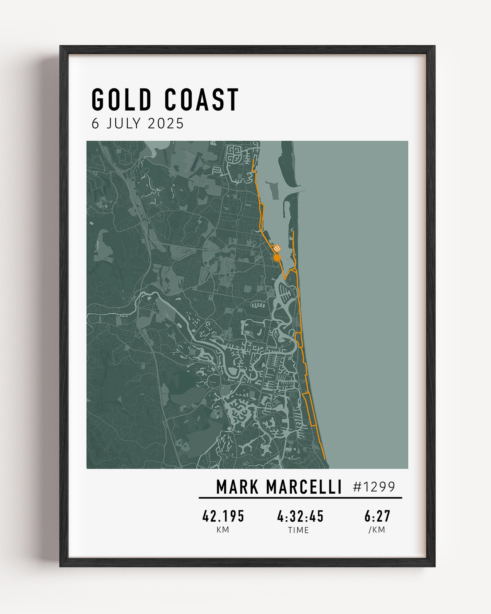 Personalised Gold Coast Marathon 2025 map print featuring runner's name, time, and race details — a perfect gift for finishers.