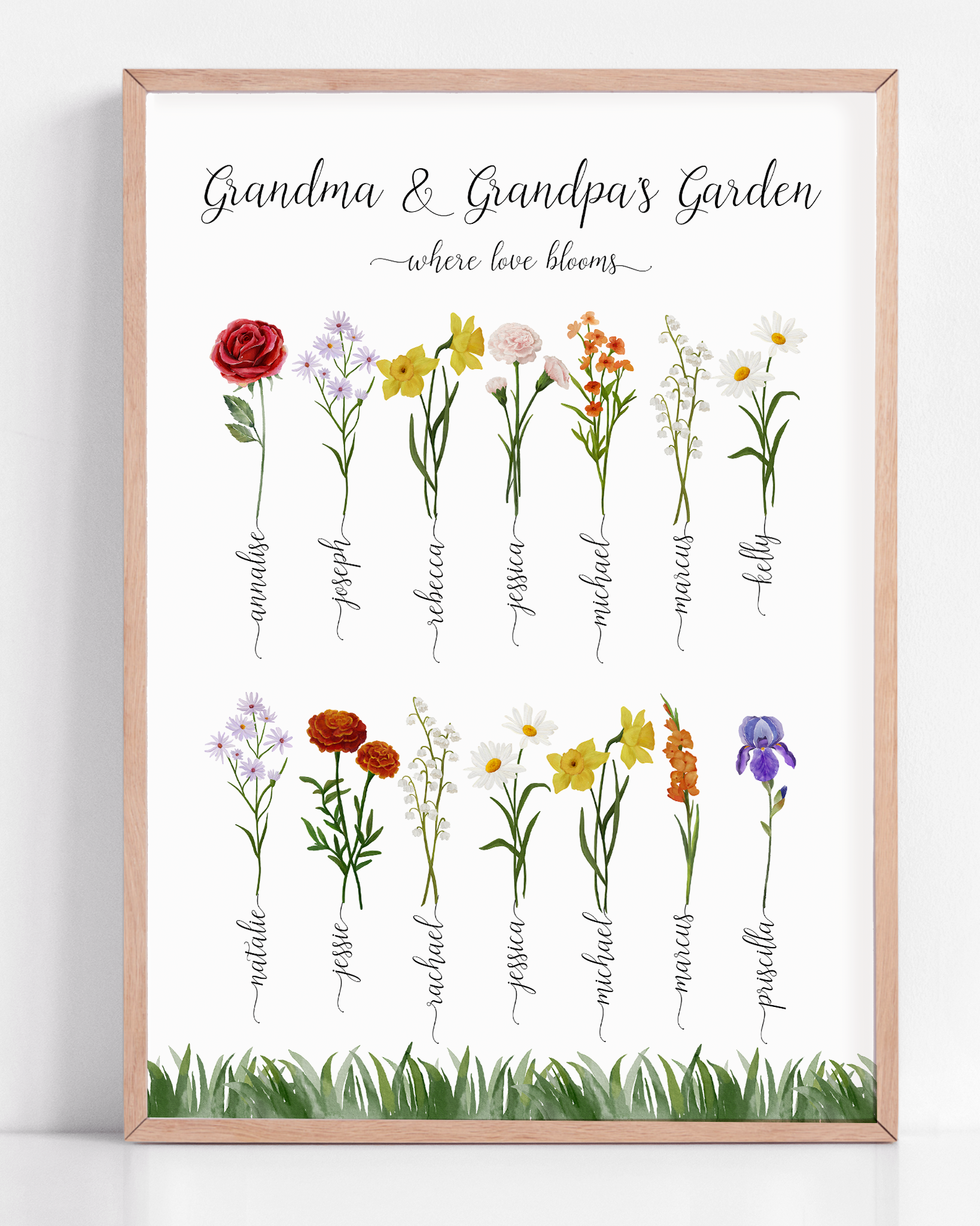 A beautiful framed print titled "Grandma and Grandpa's Garden," featuring delicate illustrations of birth month flowers representing each grandchild, creating a heartfelt and personalized gift for grandparents.