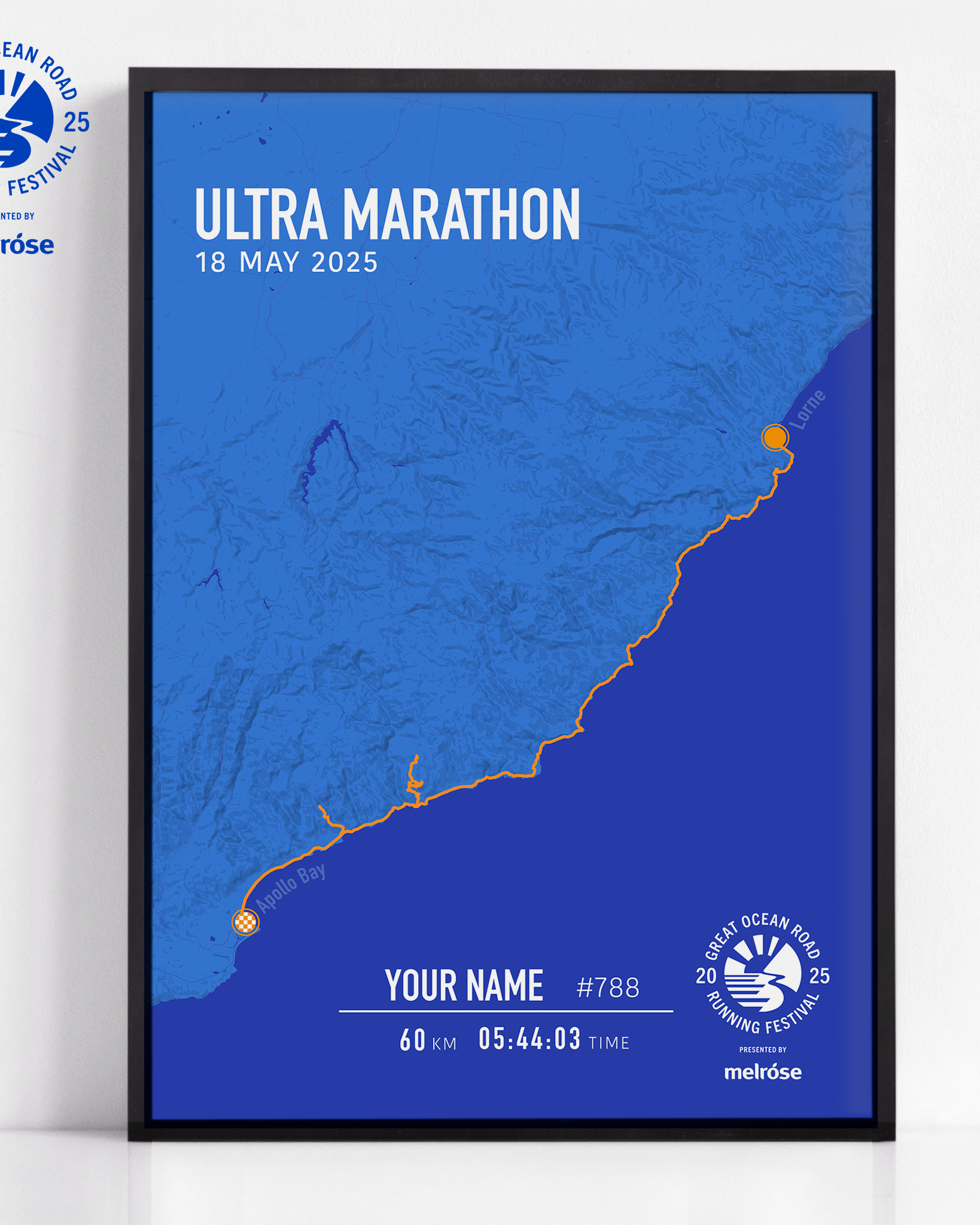 Official 2025 Great Ocean Road Ultra Marathon Print custom made for each athlete with their time, name and race number