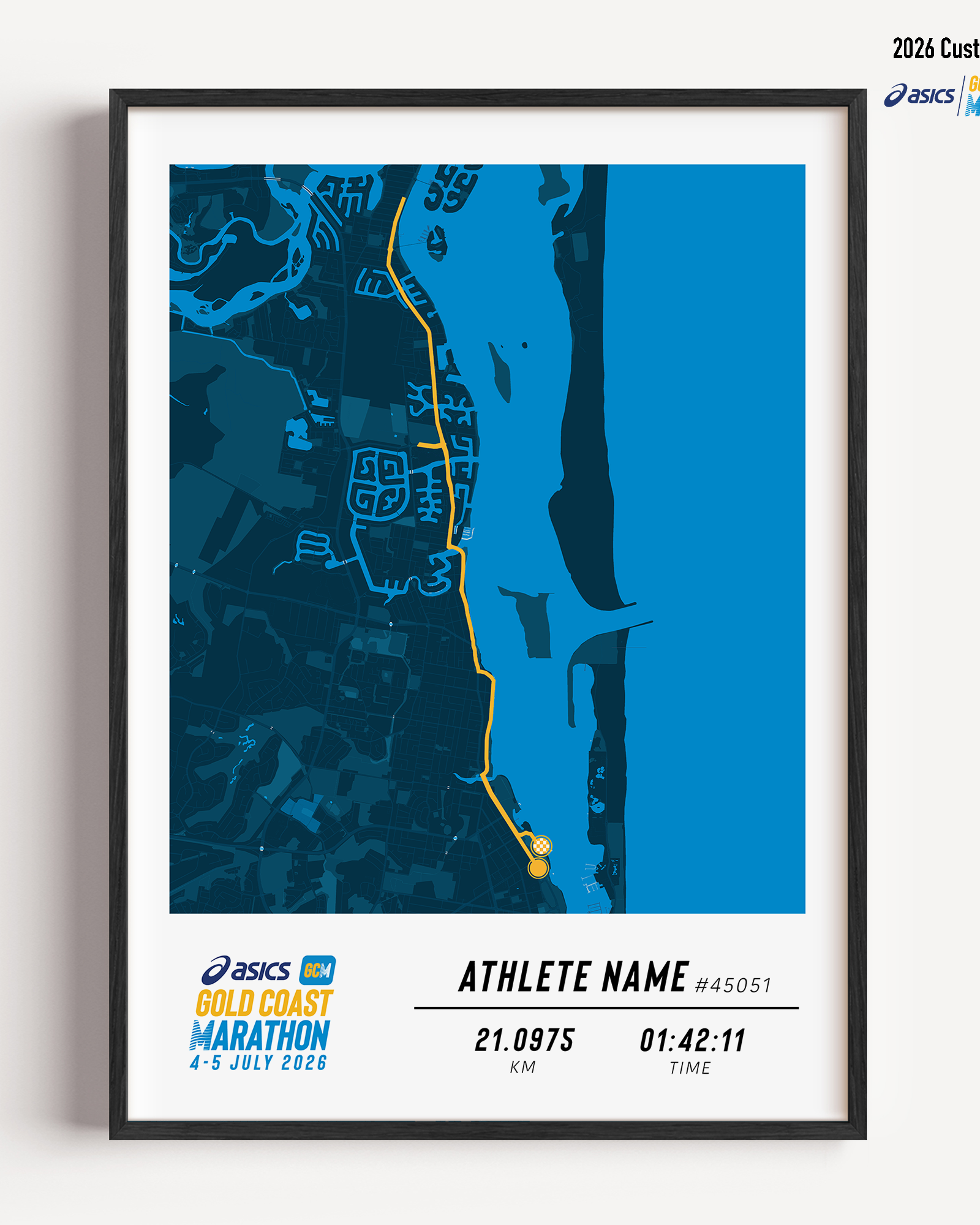 Framed Gold Coast Half Marathon 2026 personalised artwork displayed on a wall as home decor.