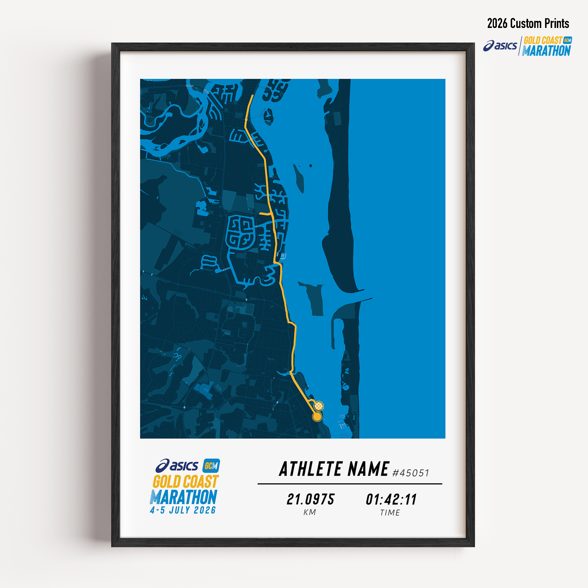 Framed Gold Coast Half Marathon 2026 personalised artwork displayed on a wall as home decor.