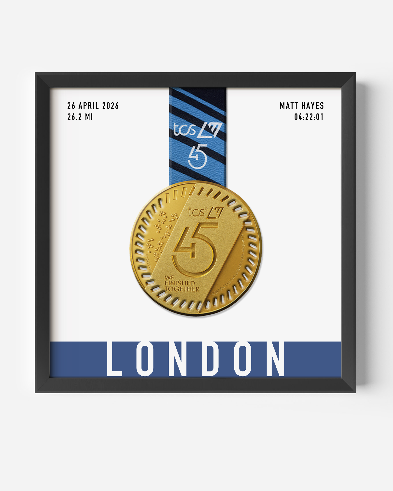 Custom London Marathon Medal DIsplay Frame with stats, date and time