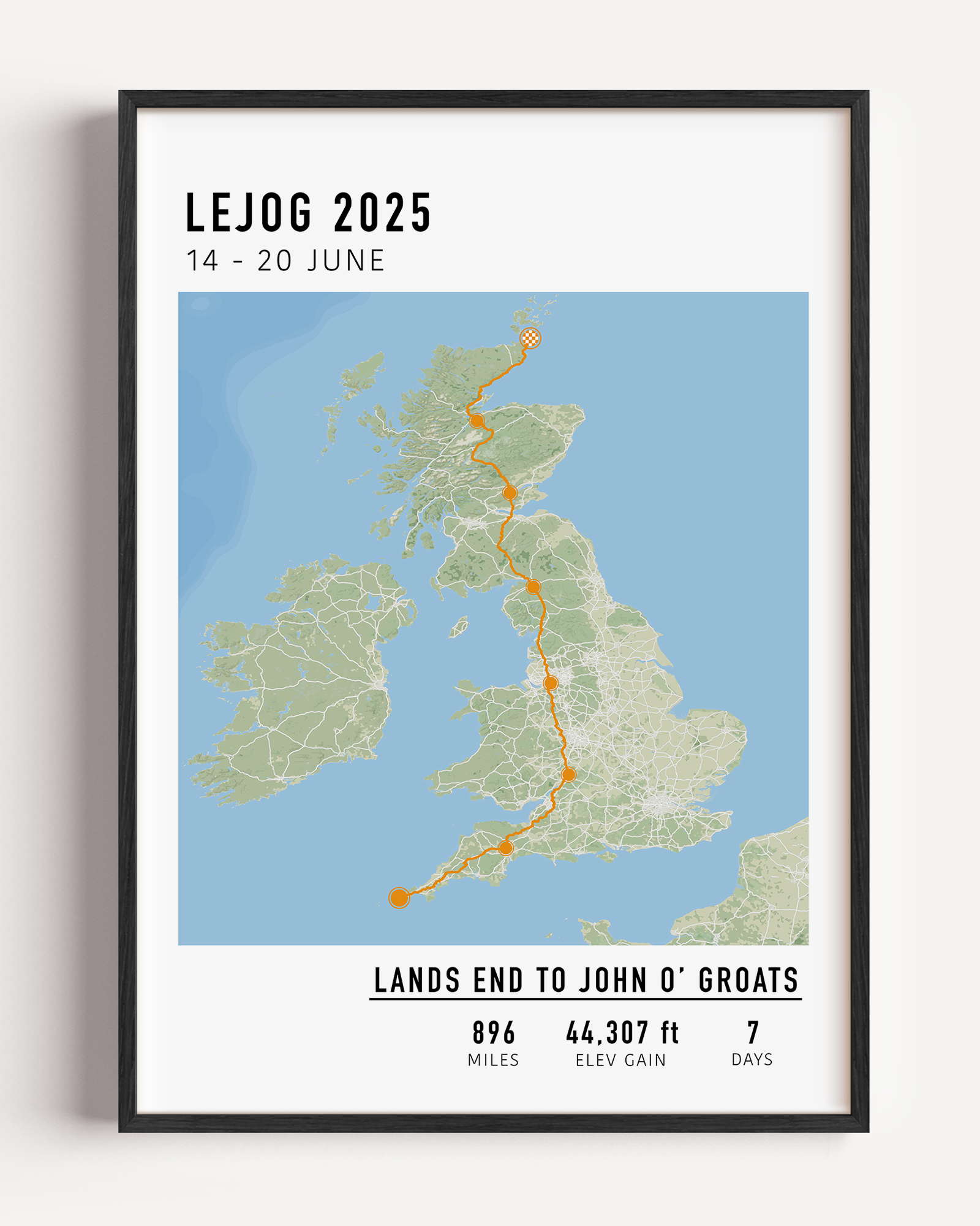 Personalized LeJoG cycling route map art poster showing the Lands End to John O'Groats bike ride path in a minimalist design, displayed in a modern frame on a wall.
