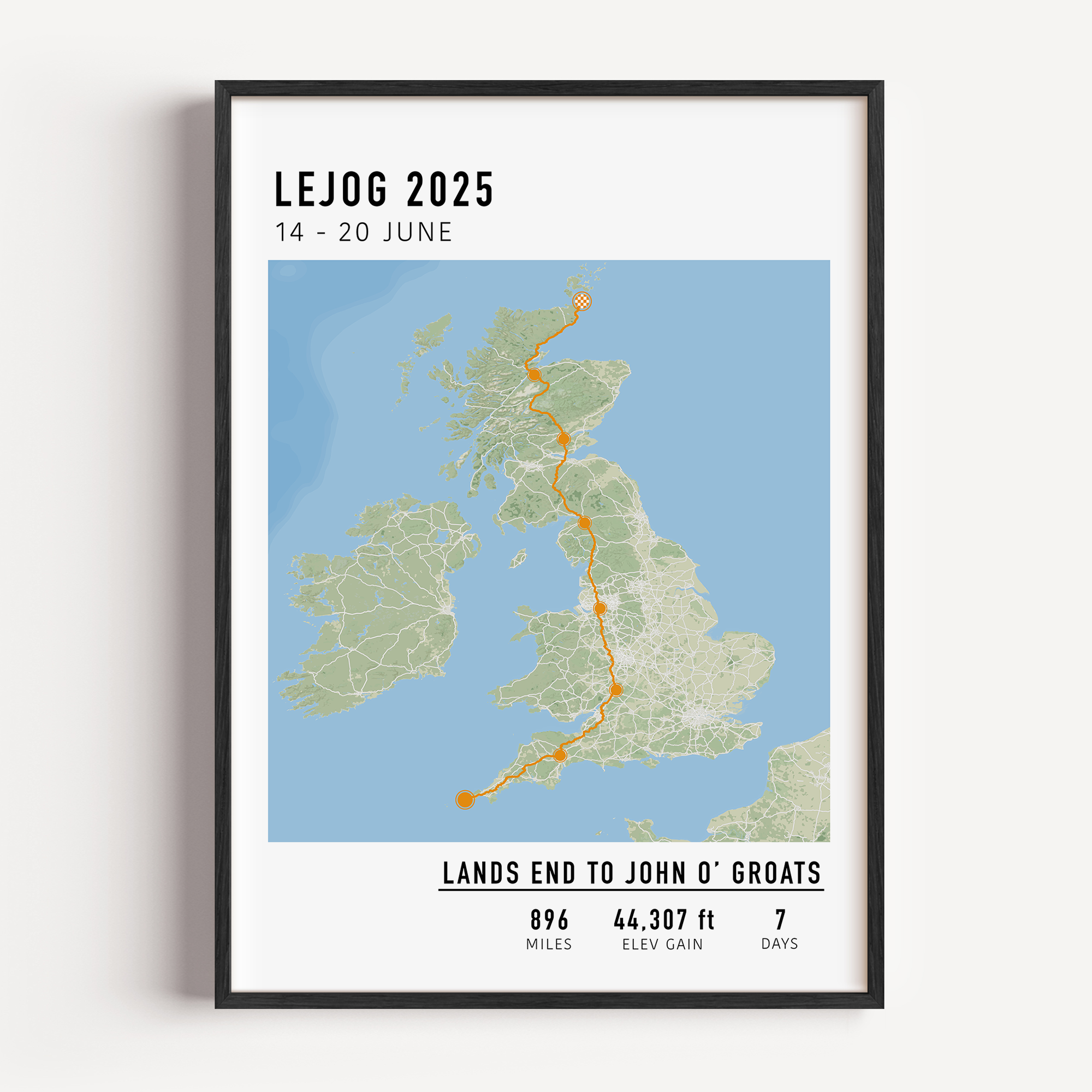 Personalized LeJoG cycling route map art poster showing the Lands End to John O'Groats bike ride path in a minimalist design, displayed in a modern frame on a wall.