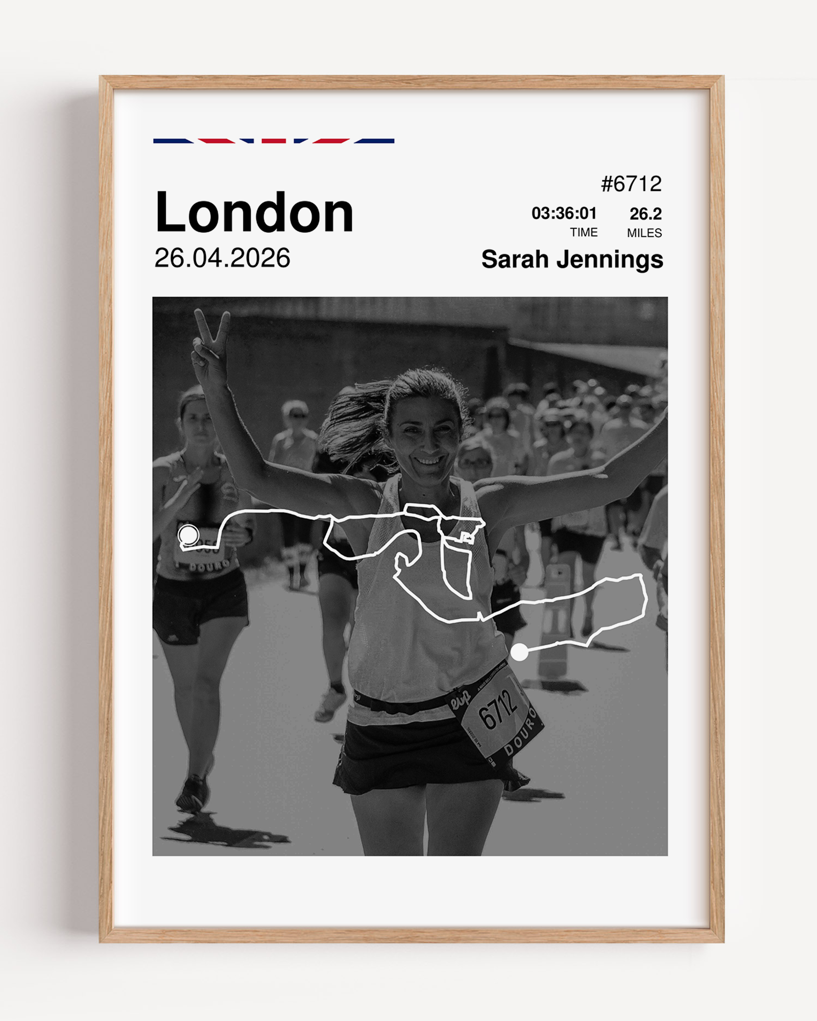 Custom London Marathon finisher poster featuring a personalized runner photo, a white route map overlay, personalized race stats, and UK flag colors.