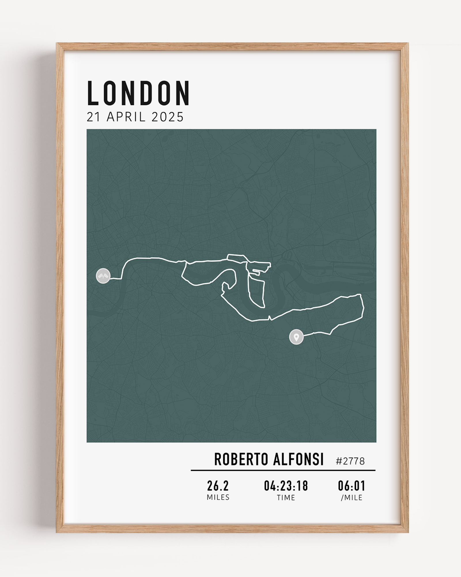Framed custom art print of london marathon route, showing a minimalist line map of the running course with labeled start and finish points, event name, date, and distance.