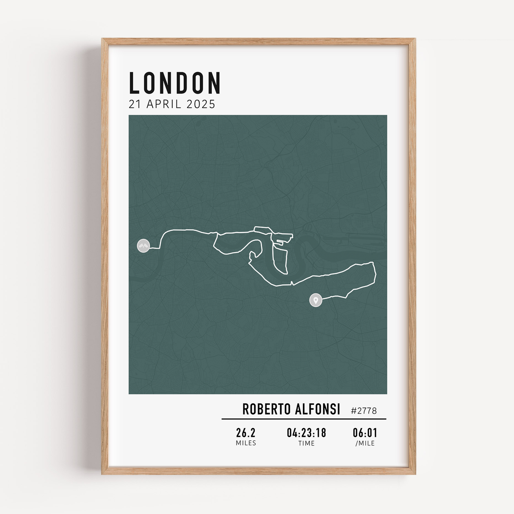 Framed custom art print of london marathon route, showing a minimalist line map of the running course with labeled start and finish points, event name, date, and distance.