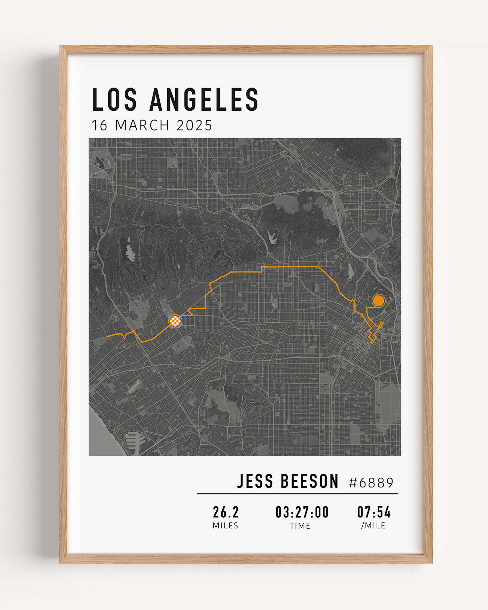 Los Angeles Marathon Map Print Gift for Runners Post Race Gift, framed LA marathon route print with custom statistics and time
