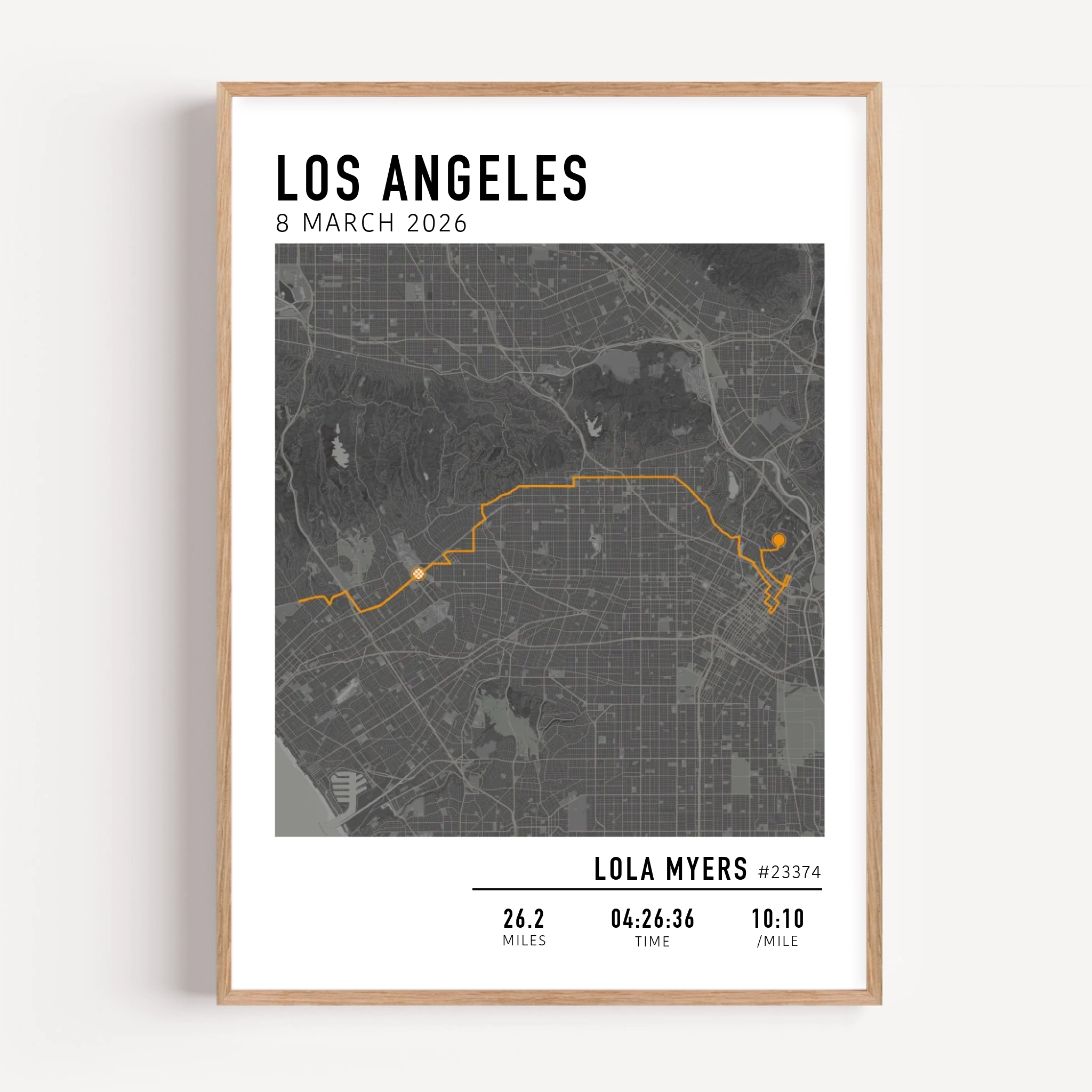 Los Angeles Marathon Map Print Gift for Runners Post Race Gift, framed LA marathon route print with custom statistics and time
