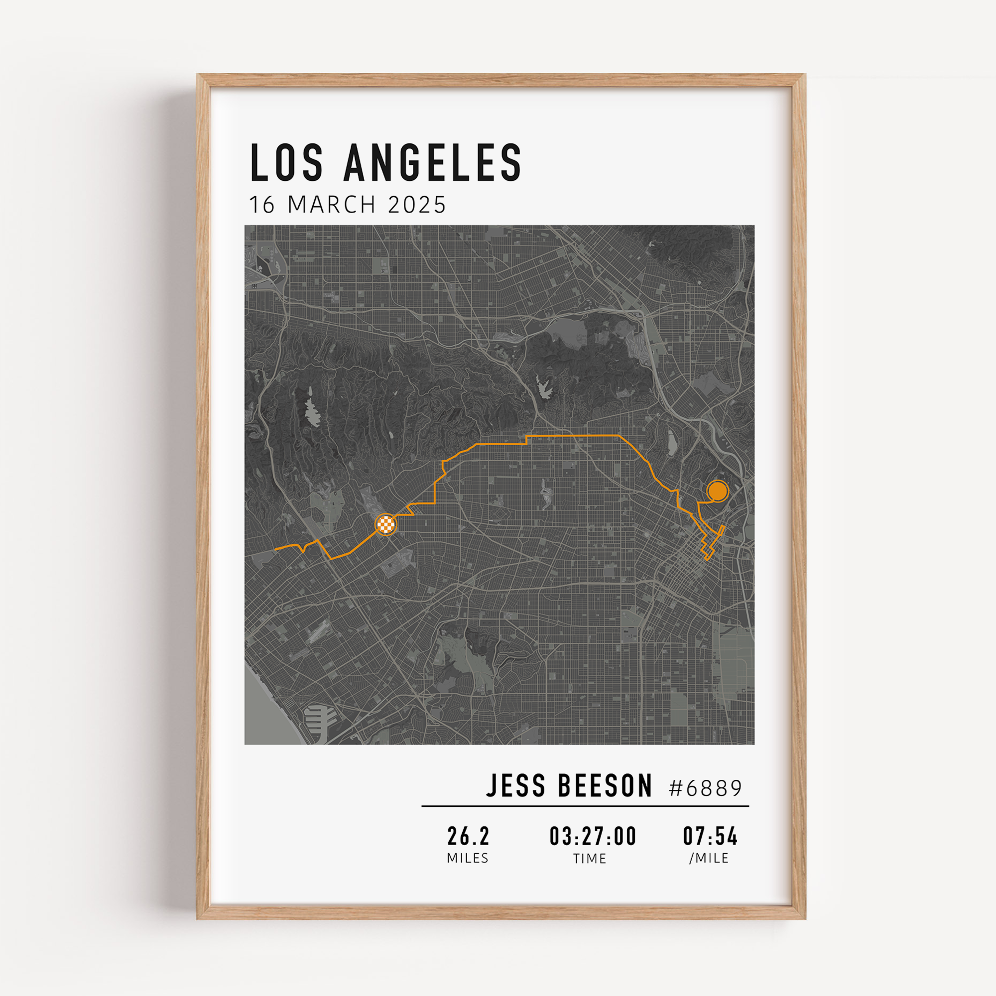 Los Angeles Marathon Map Print Gift for Runners Post Race Gift, framed LA marathon route print with custom statistics and time