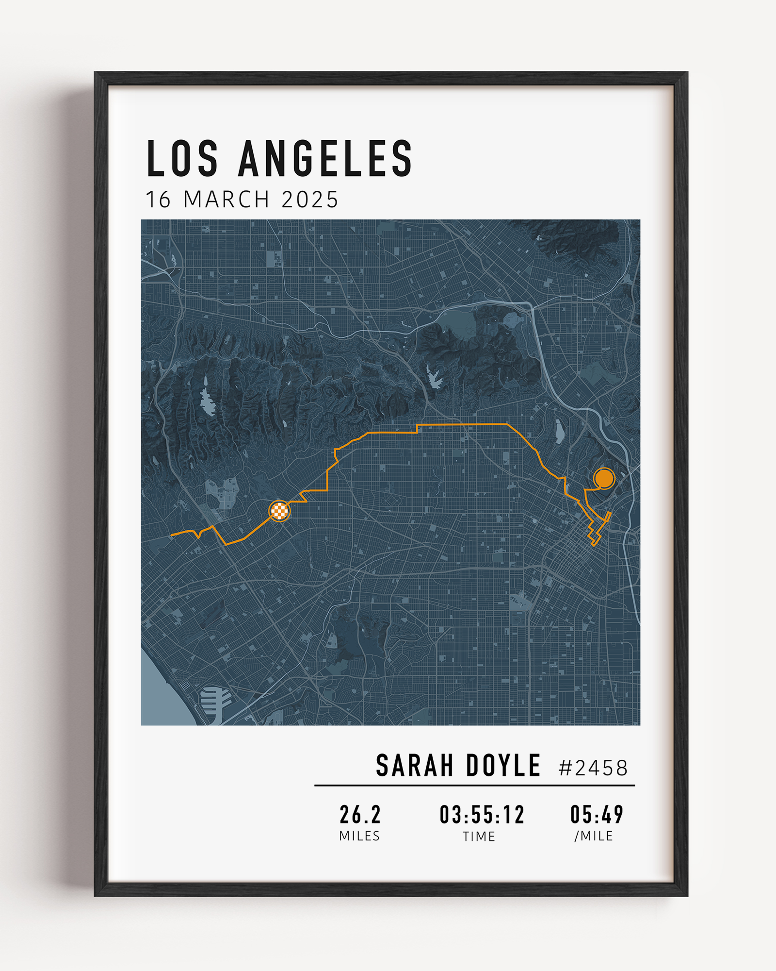 Los Angeles Marathon Map Print Gift for Runners Post Race Gift, framed LA marathon route print with custom statistics and time