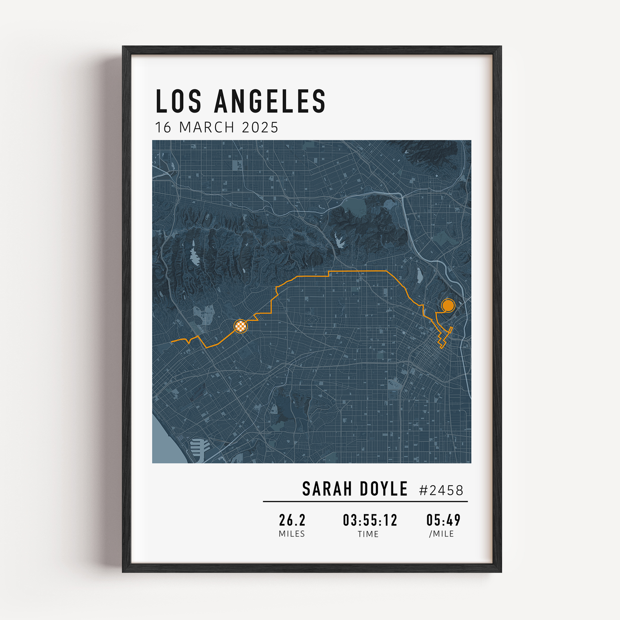 Los Angeles Marathon Map Print Gift for Runners Post Race Gift, framed LA marathon route print with custom statistics and time