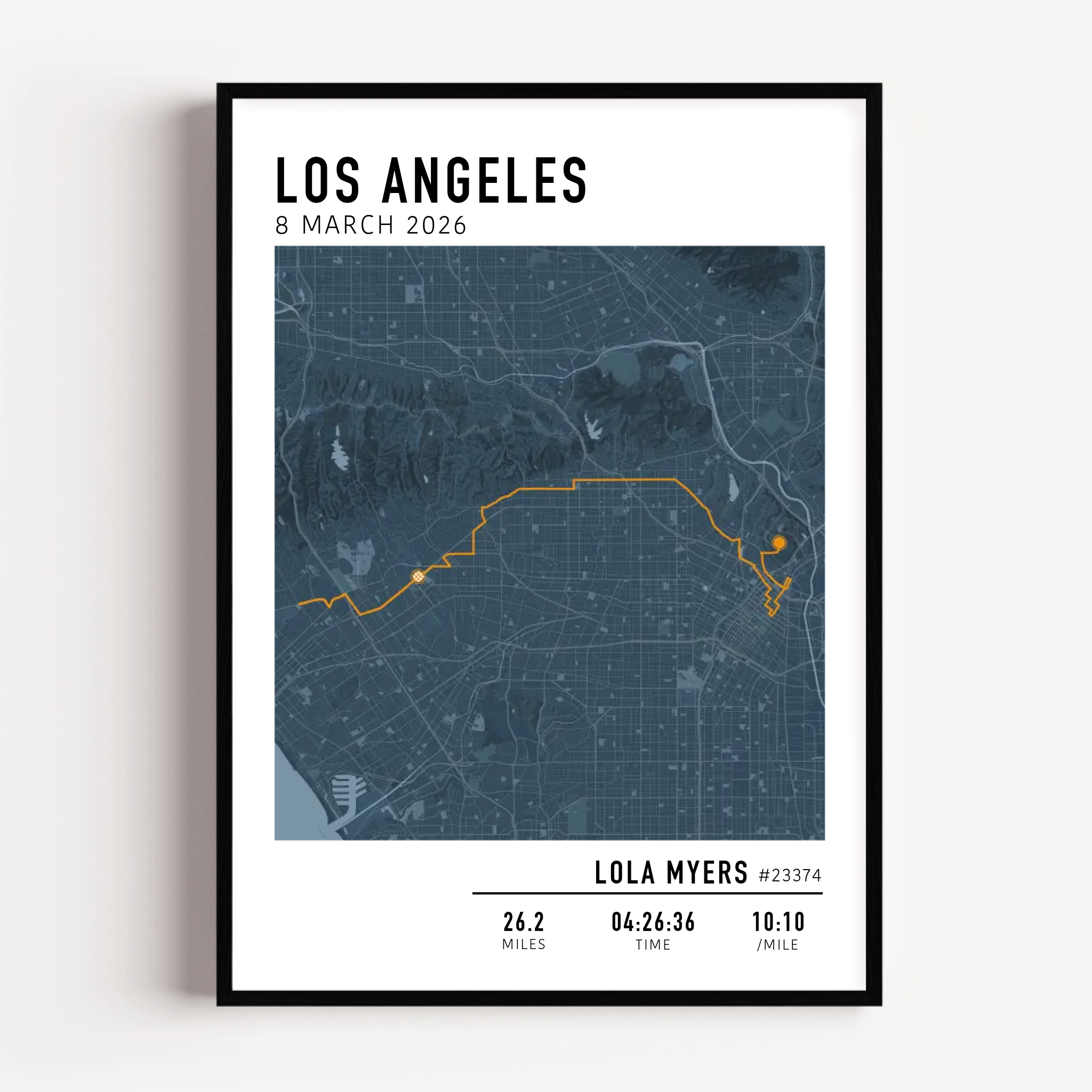 Los Angeles Marathon Map Print Gift for Runners Post Race Gift, framed LA marathon route print with custom statistics and time