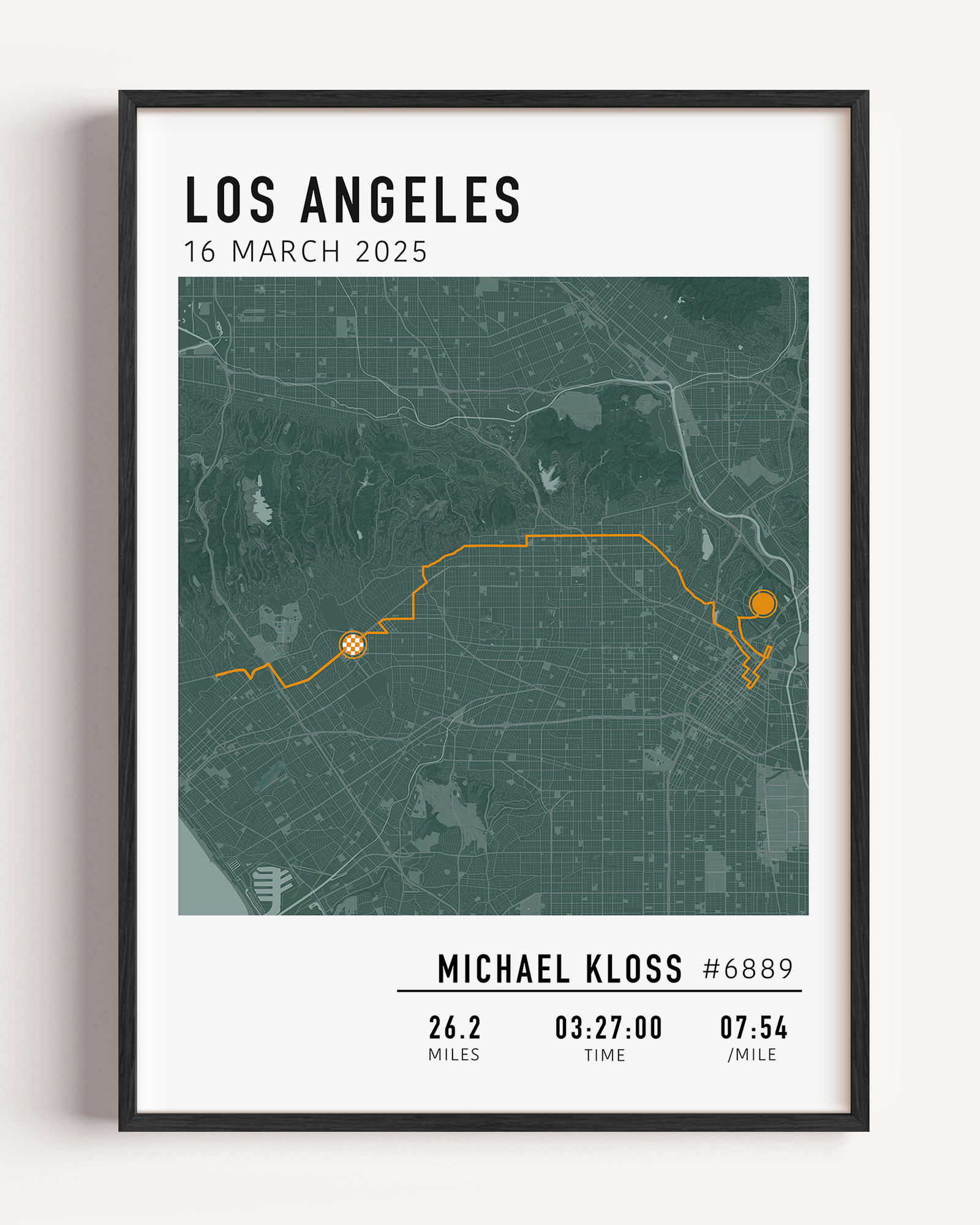 Los Angeles Marathon Map Print Gift for Runners Post Race Gift, framed LA marathon route print with custom statistics and time