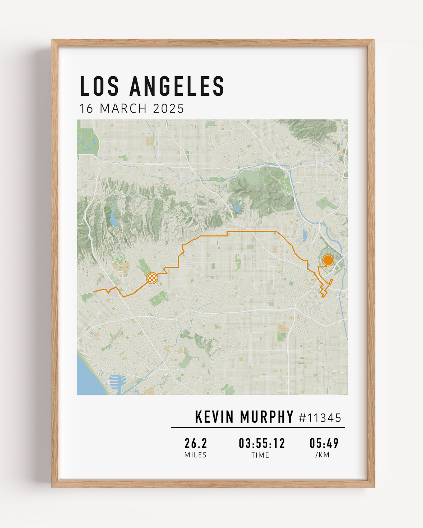Los Angeles Marathon Map Print Gift for Runners Post Race Gift, framed LA marathon route print with custom statistics and time