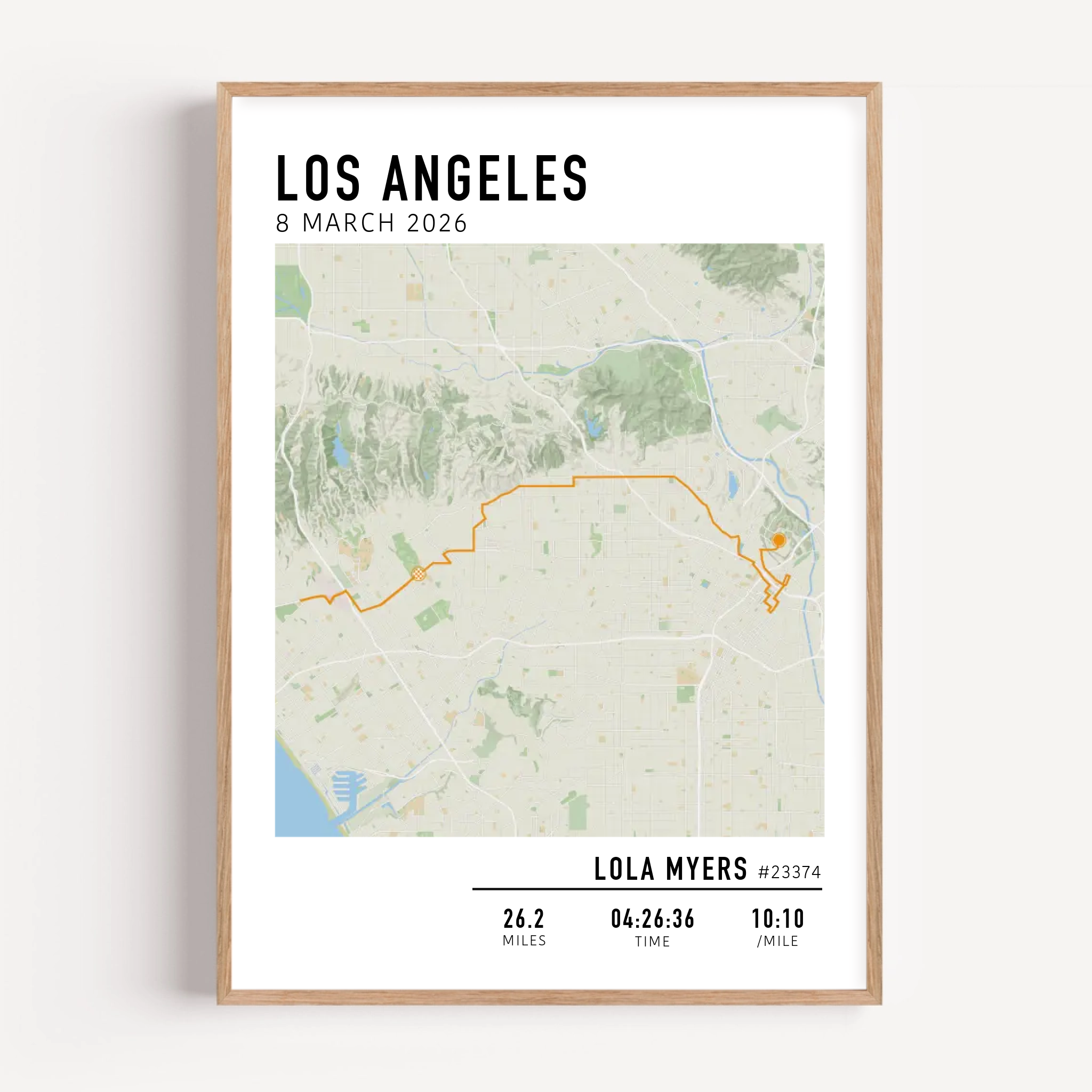 Los Angeles Marathon Map Print Gift for Runners Post Race Gift, framed LA marathon route print with custom statistics and time