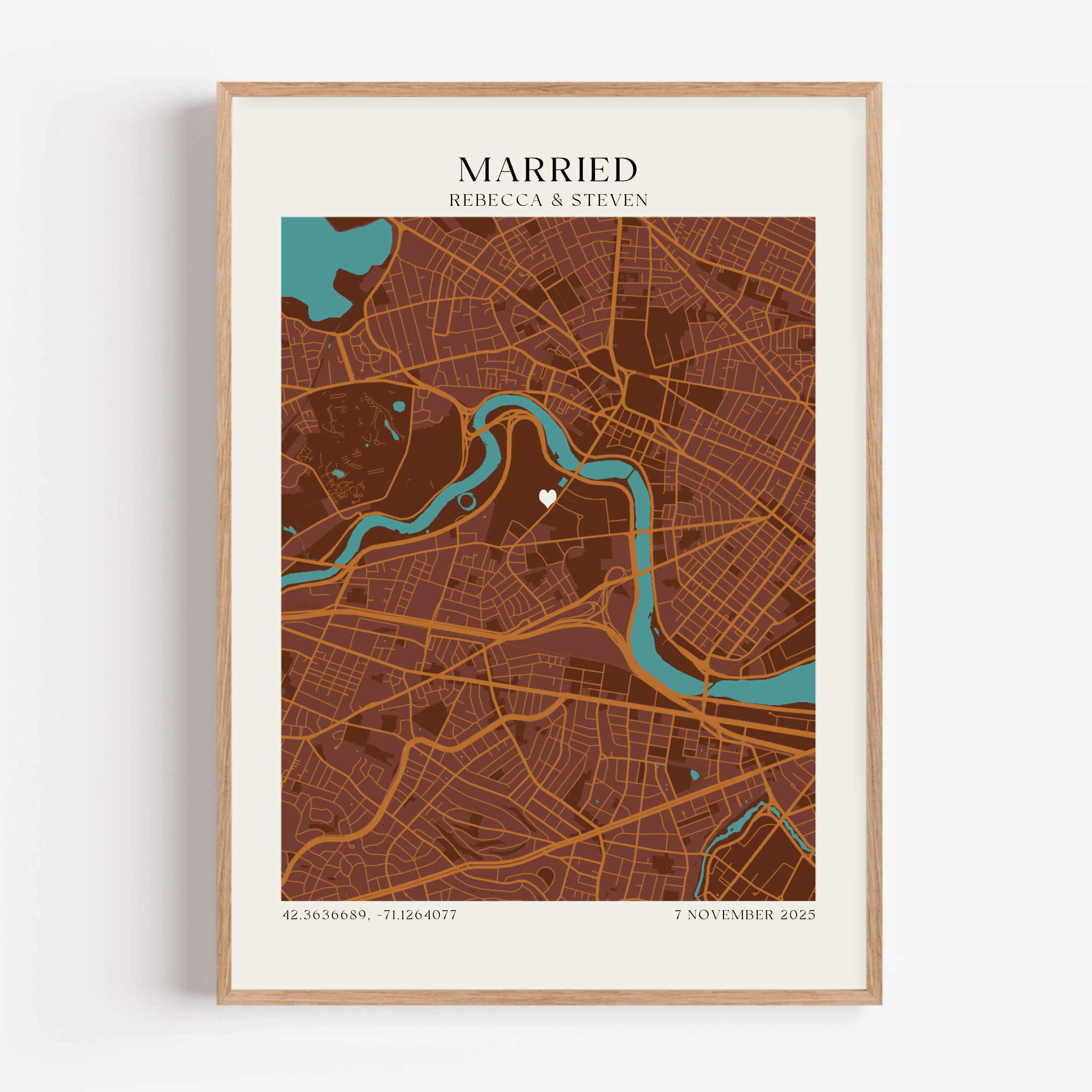 Framed wedding venue map print styled as romantic newlywed wall art in modern home interior