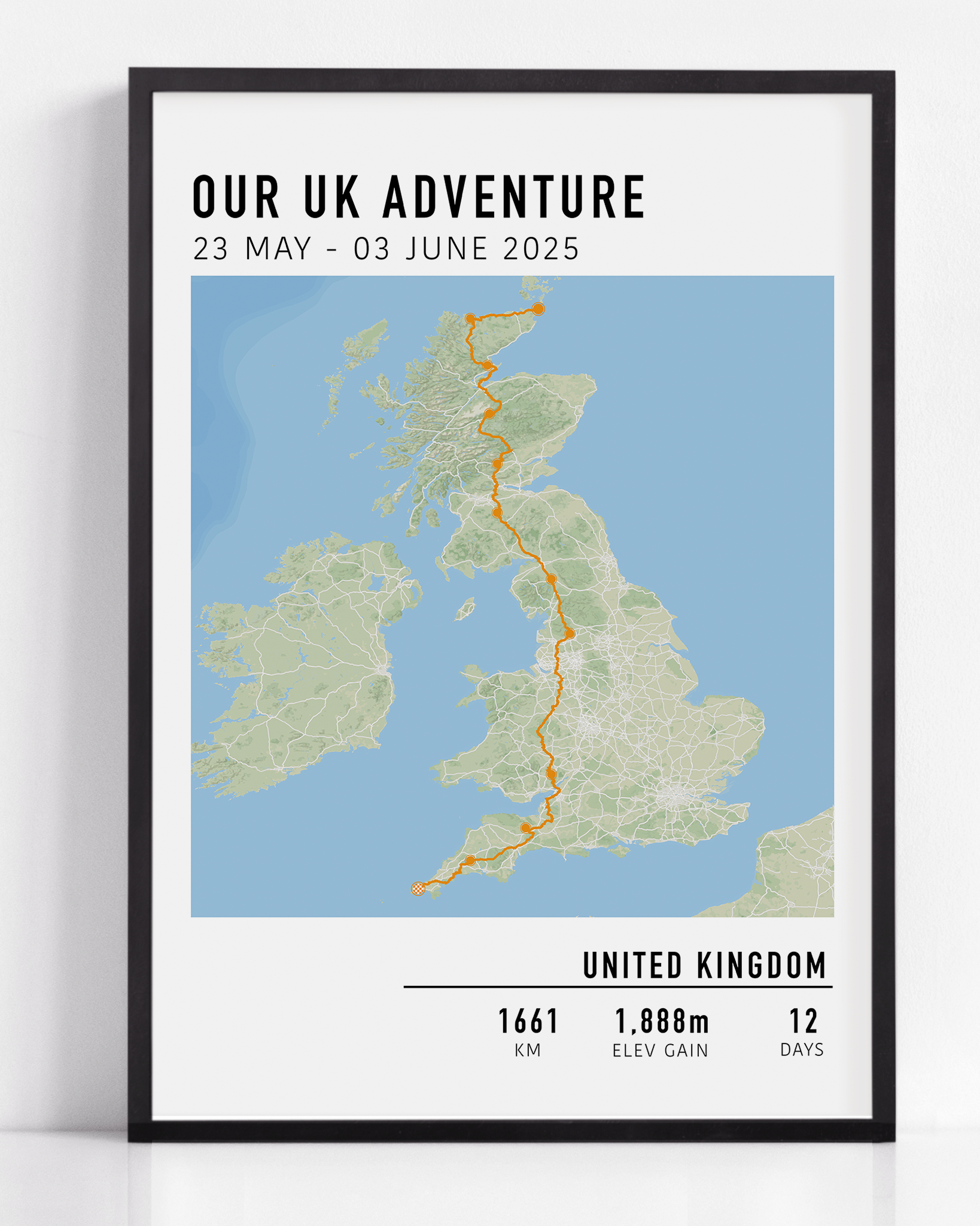 Personalised multi-day cycling map print featuring a custom route, elevation profile, and key milestones. Perfect gift for cyclists to commemorate epic bike tours, endurance rides, and cycling adventures.