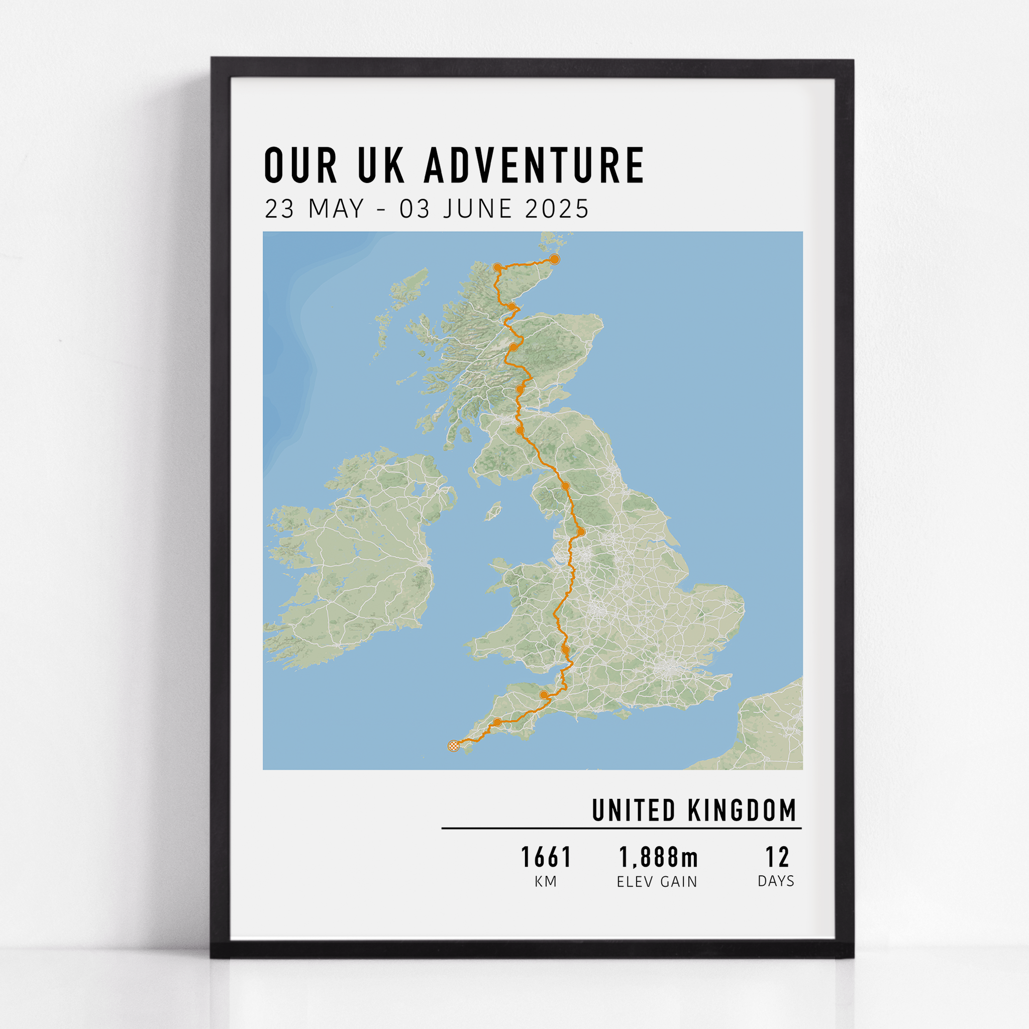 Personalised multi-day cycling map print featuring a custom route, elevation profile, and key milestones. Perfect gift for cyclists to commemorate epic bike tours, endurance rides, and cycling adventures.