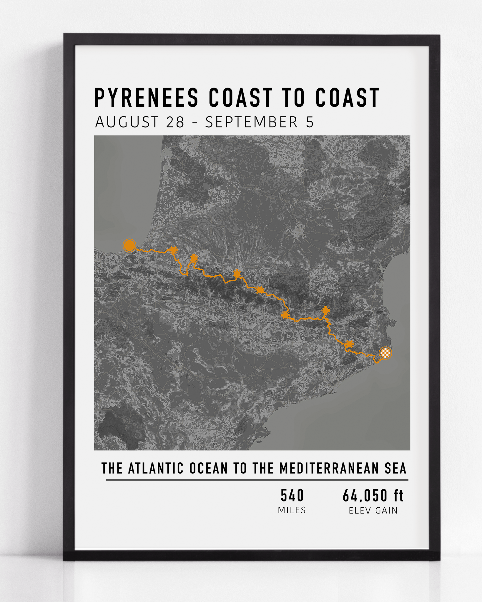 "Personalized multi-day cycling map print featuring a custom route, elevation profile, and key milestones. Perfect gift for cyclists to commemorate epic bike tours, endurance rides, and cycling adventures.
